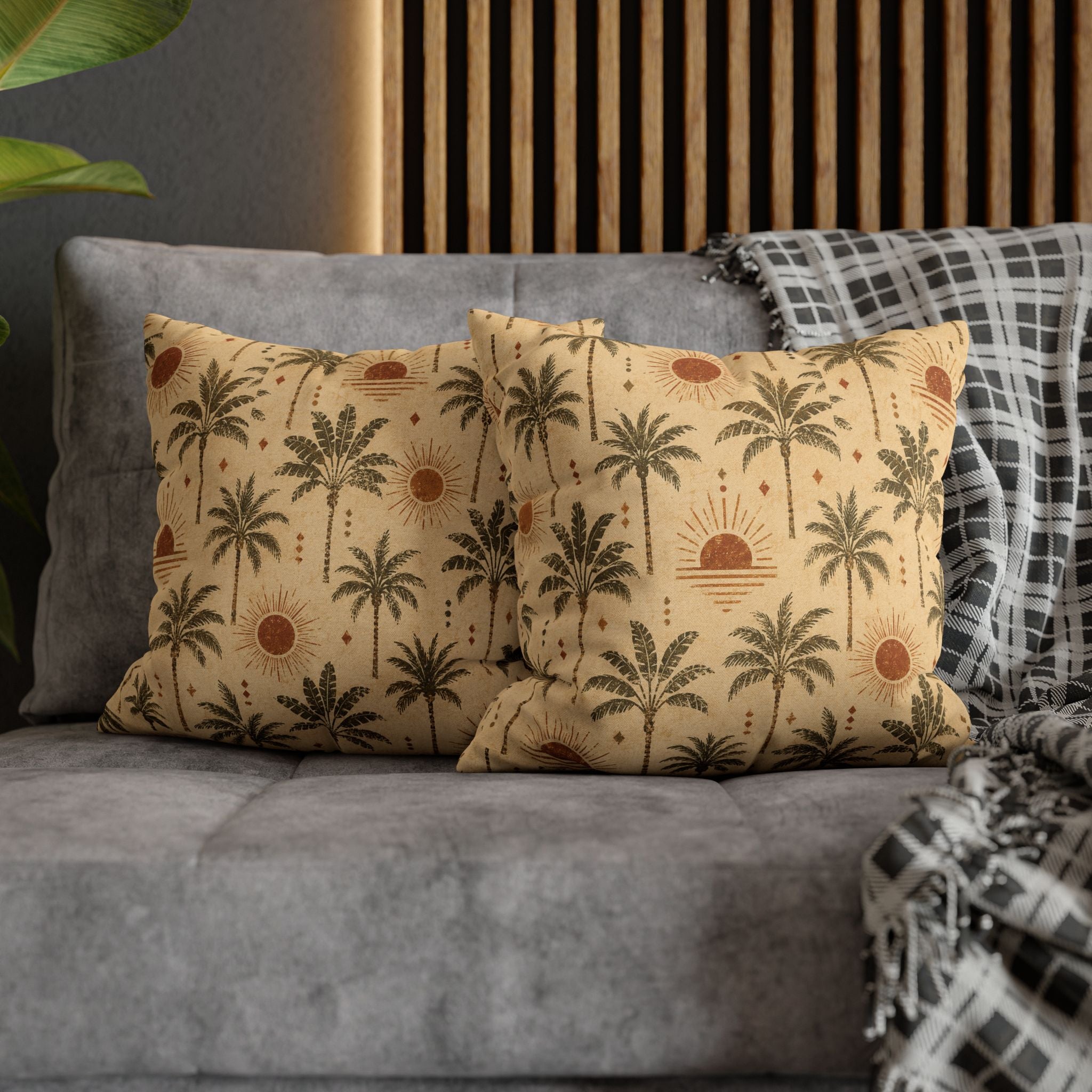 Tropical Palm Sunset Pillowcase — Boho Beach Decorative Throw Pillow Cover - Creations by Chris and Carlos