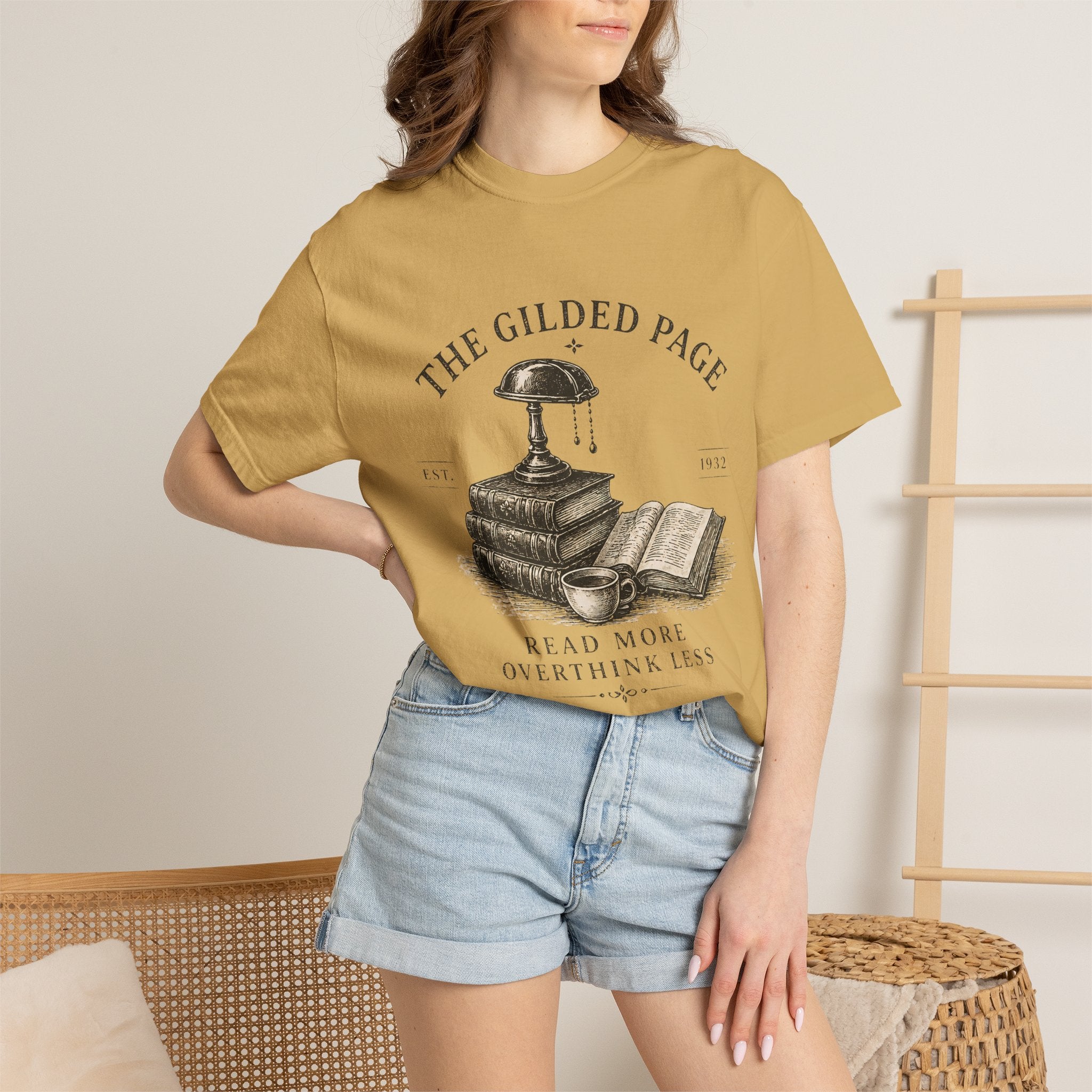 Vintage Book Lovers T‑Shirt — “The Gilded Page: Read More, Overthink Less” - Creations by Chris and Carlos