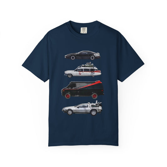 Classic TV Movie Car Stack T-Shirt — KITT, Ghostbusters, A-Team & DeLorean Tribute - Creations by Chris and Carlos