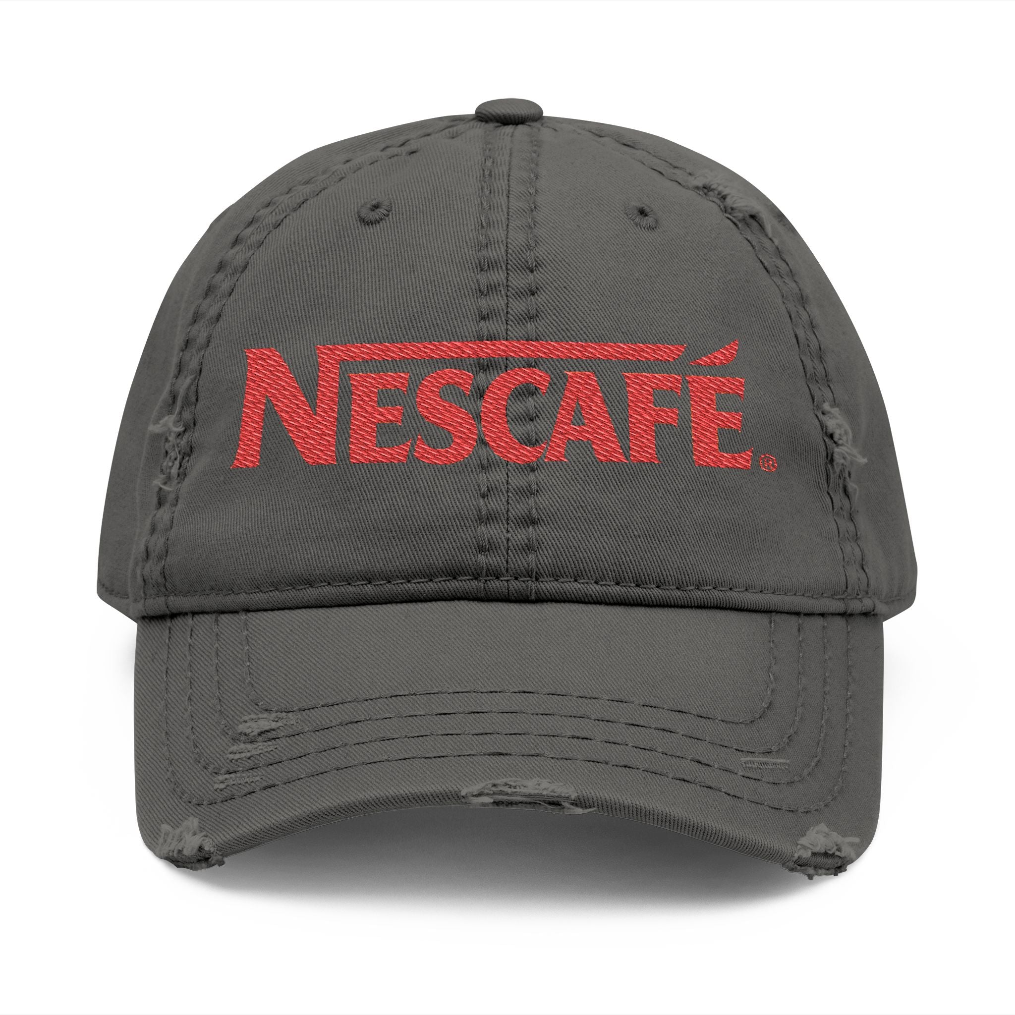 Nescafe Dad Hat — Distressed Embroidered Nescafé Logo - Creations by Chris and Carlos