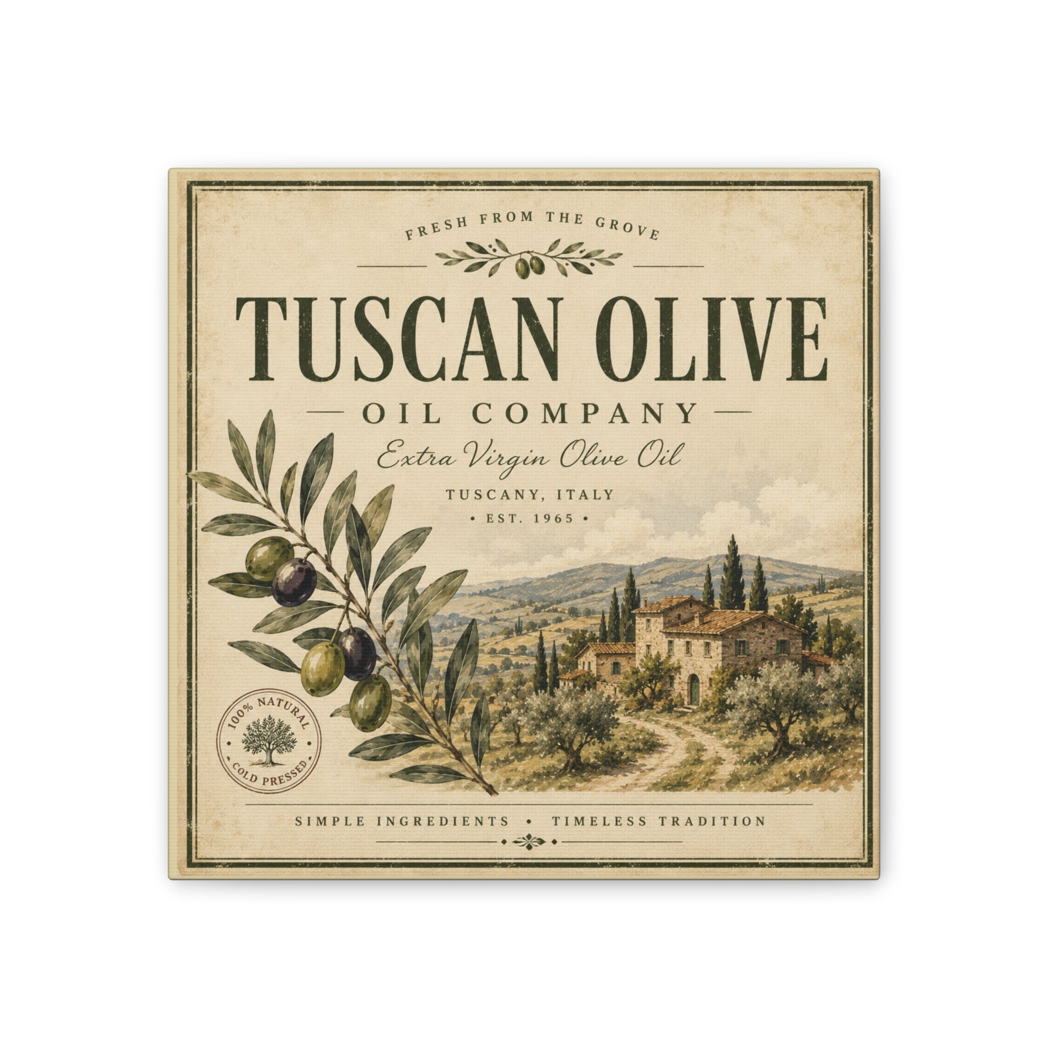Tuscan Olive Canvas Wall Art - "Tuscan Olive Oil Company" Vintage Kitchen Sign - Creations by Chris and Carlos