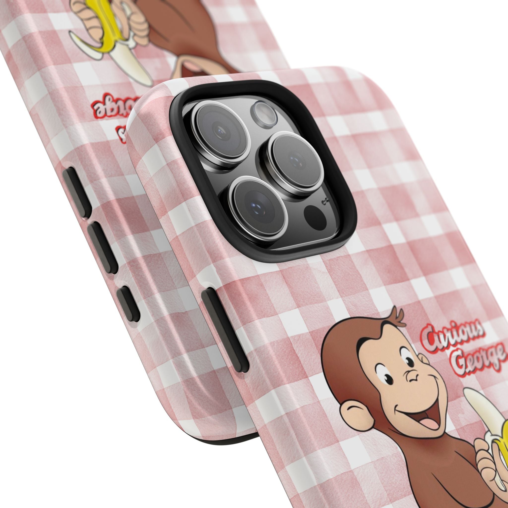 Curious George Banana Tough Phone Case — Cute Kids iPhone Cover, Pink Gingham Protective Case - Creations by Chris and Carlos