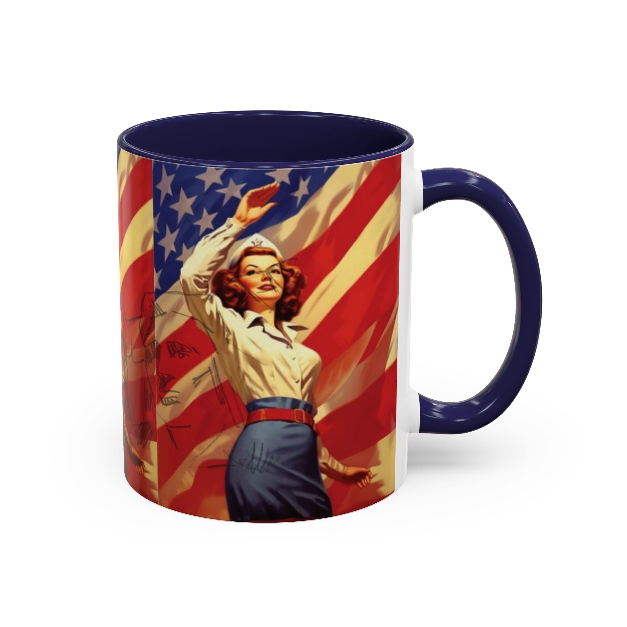 Patriotic Pin-Up Coffee Mug — Vintage American Flag Accent (11/15 oz) - Creations by Chris and Carlos