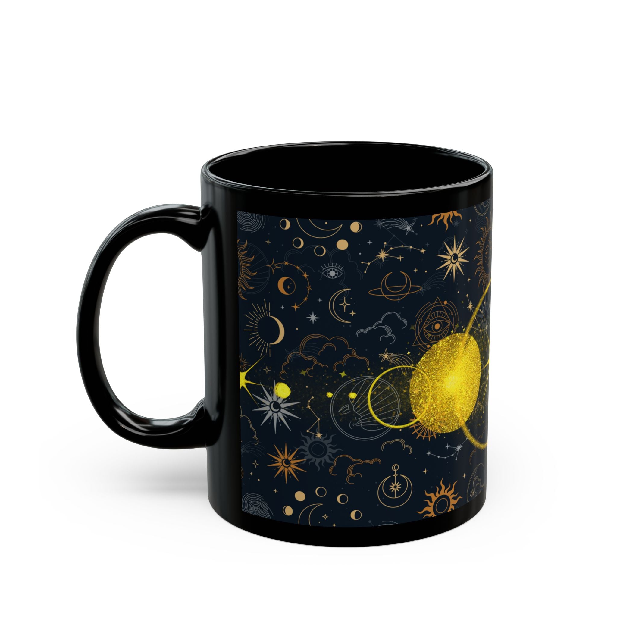 Celestial Phases Black Mug — Gold Moon & Star Astrology Design (11oz/15oz) - Creations by Chris and Carlos