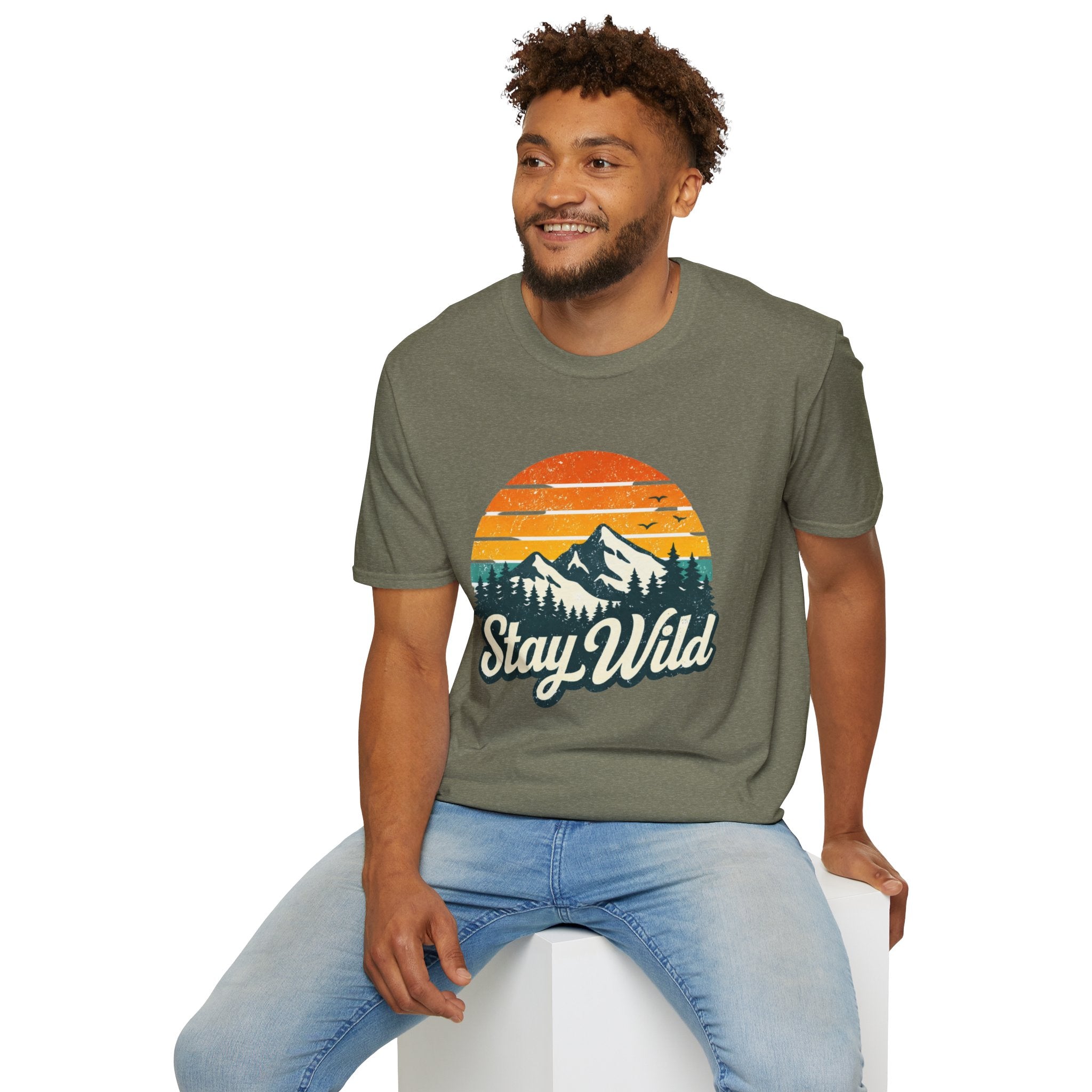 Stay Wild Mountain T-Shirt — Vintage Sunset Outdoor Adventure Tee - Creations by Chris and Carlos
