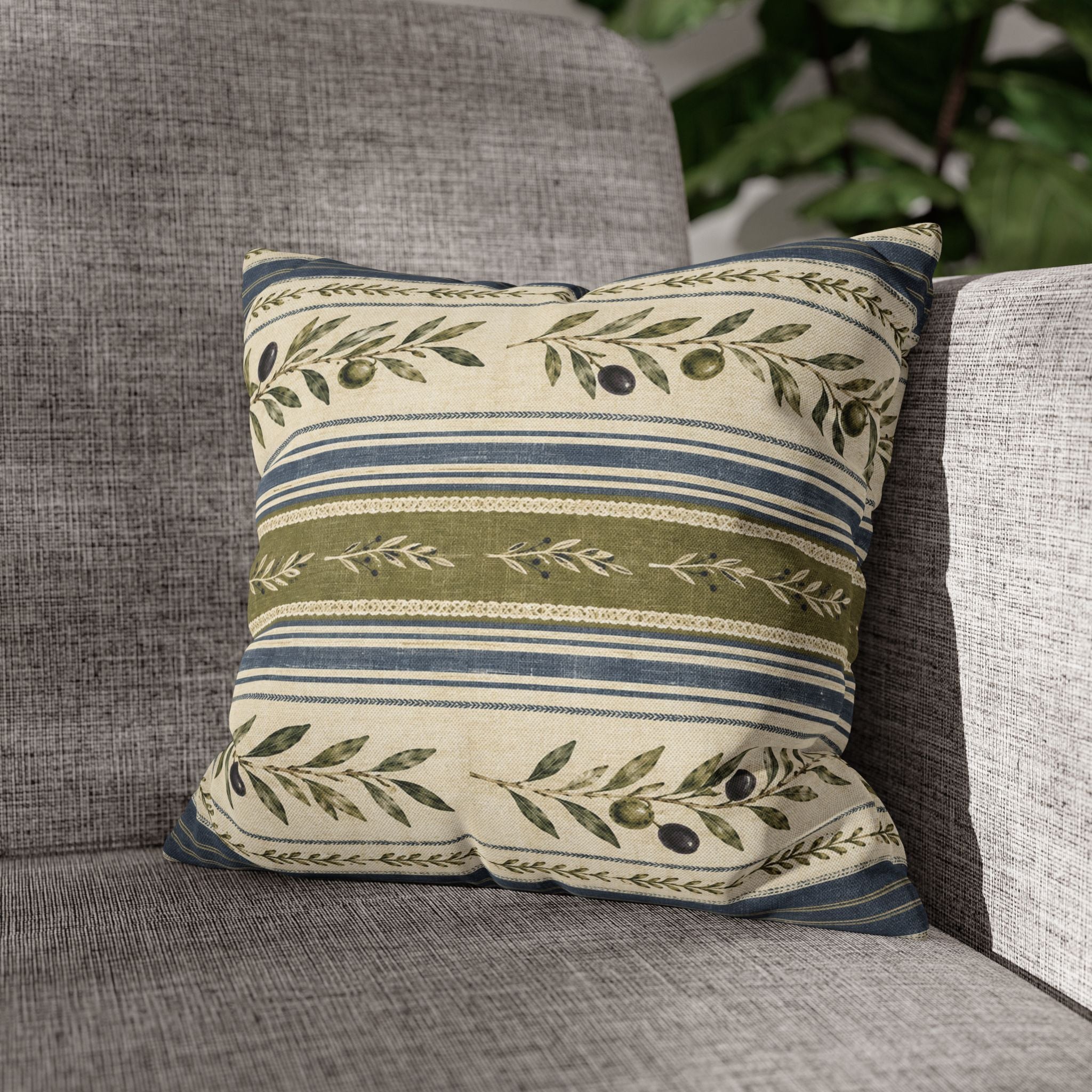 Olive & Navy Olive Branch Striped Throw Pillowcase - Creations by Chris and Carlos