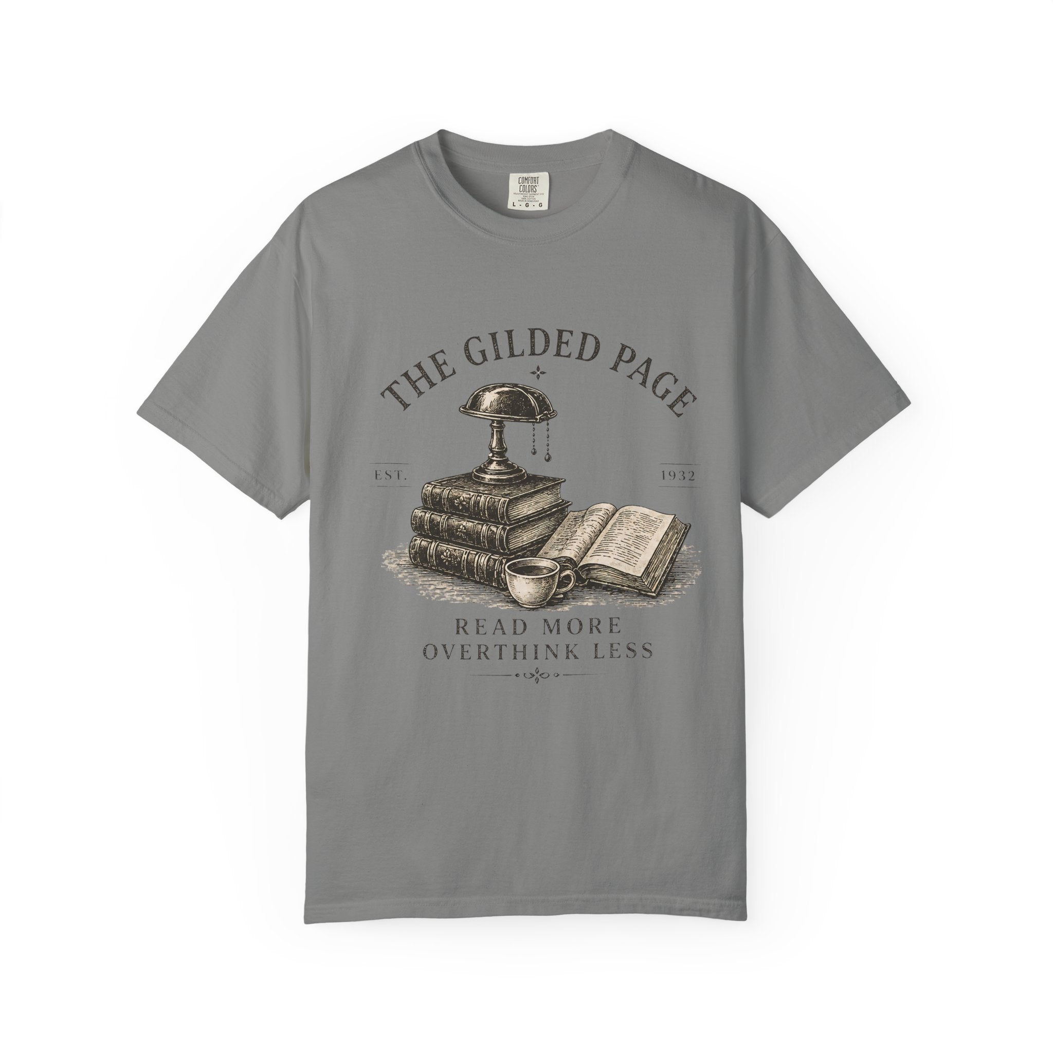 Vintage Book Lovers T‑Shirt — “The Gilded Page: Read More, Overthink Less” - Creations by Chris and Carlos