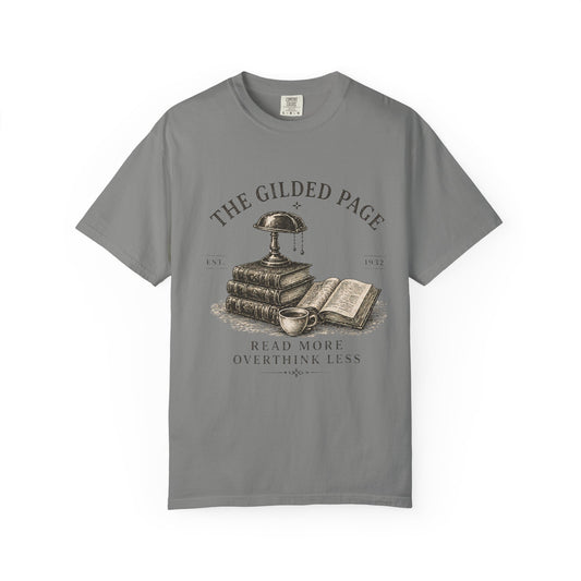 Vintage Book Lovers T‑Shirt — “The Gilded Page: Read More, Overthink Less” - Creations by Chris and Carlos