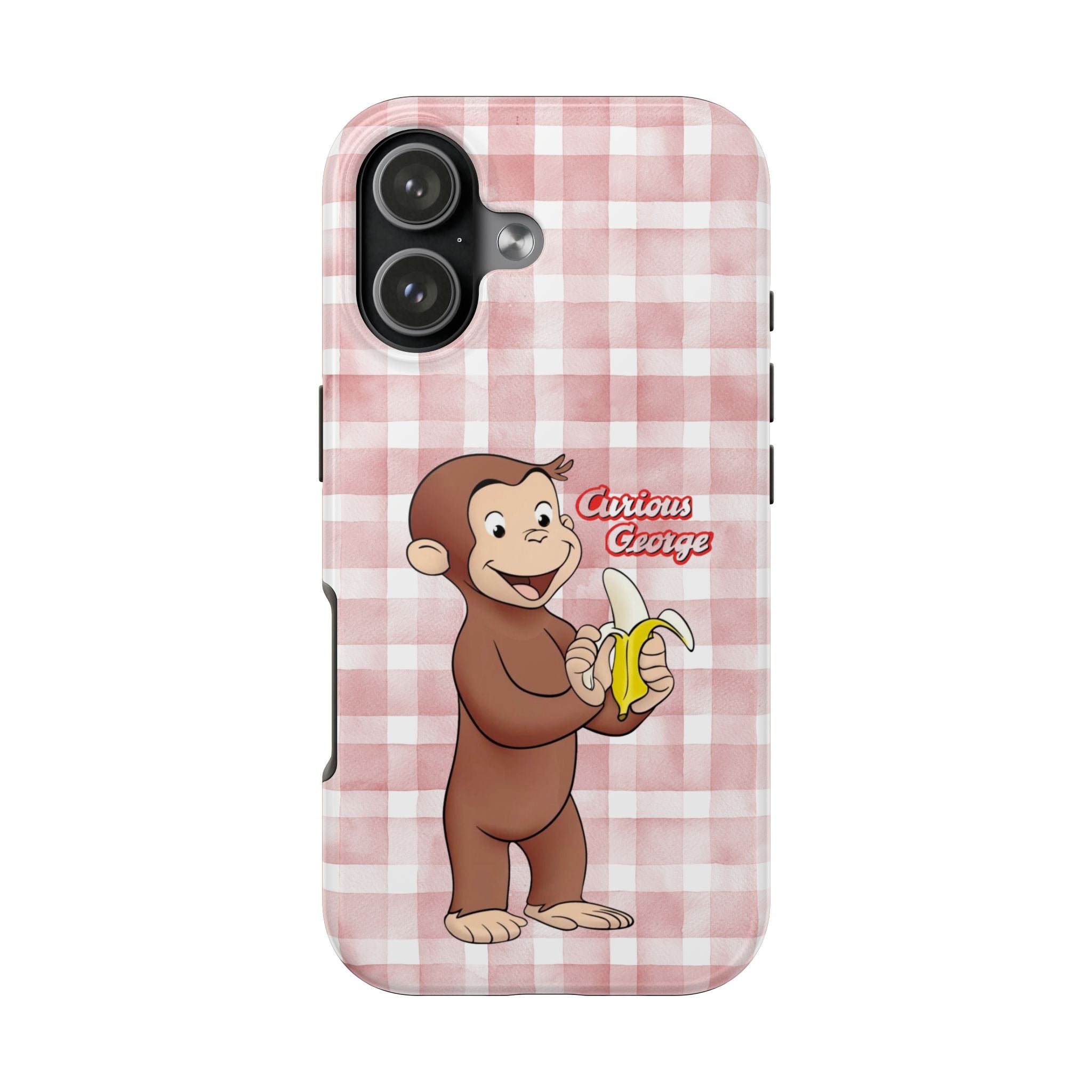 Curious George Banana Tough Phone Case — Cute Kids iPhone Cover, Pink Gingham Protective Case - Creations by Chris and Carlos