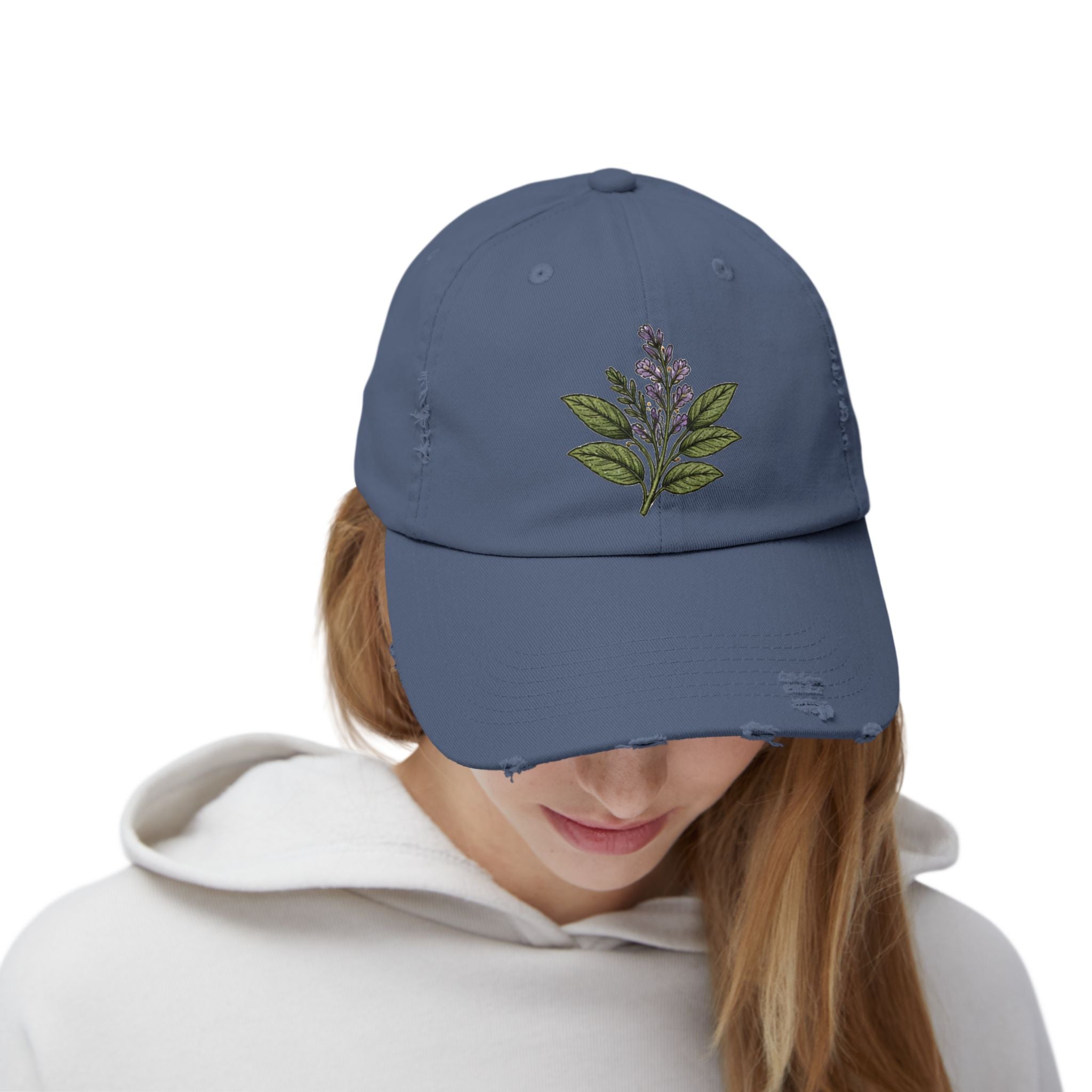 Old Soul Apothecary Distressed Black Baseball Cap with Lavender Sprig Embroidery - Creations by Chris and Carlos