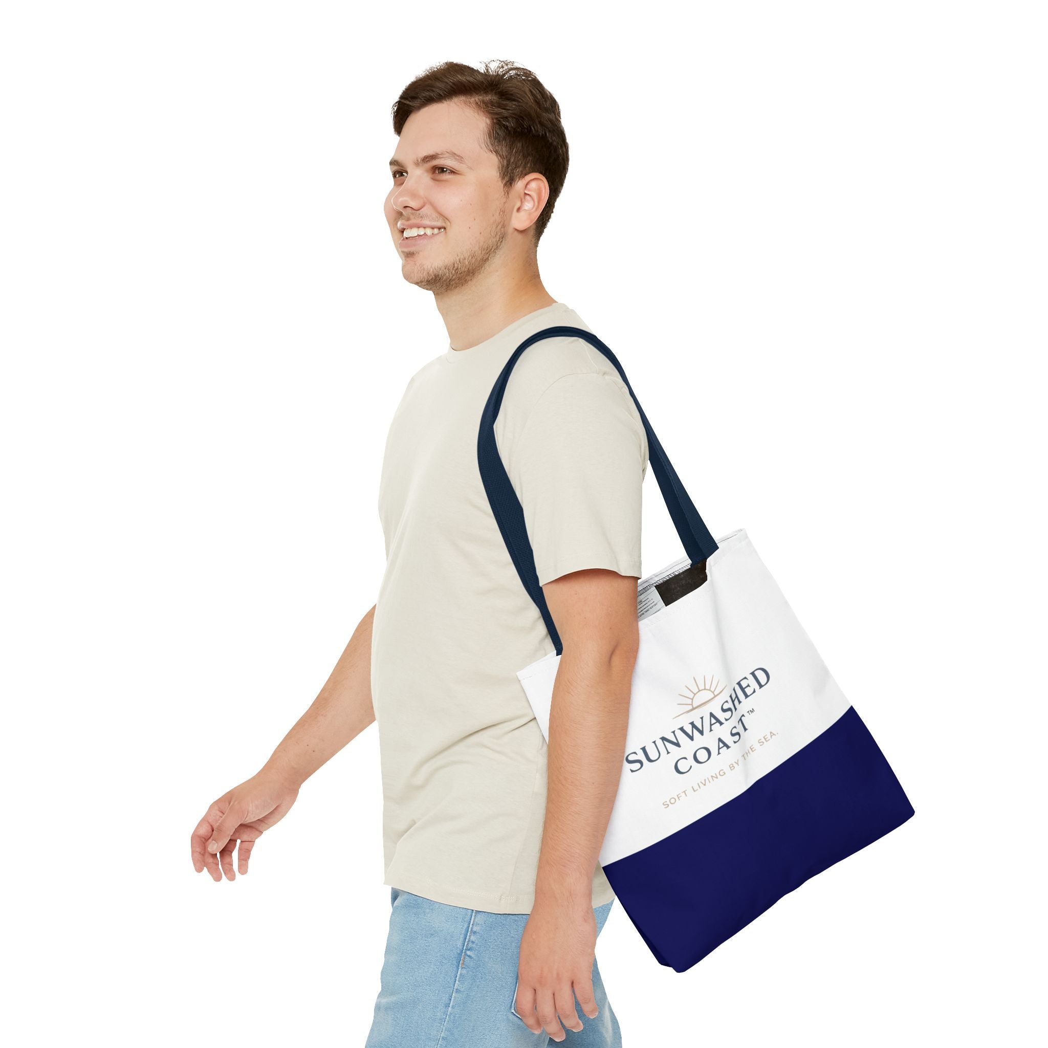 Sunwashed Coast Tote Bag — Coastal Canvas Beach Tote with 'Soft Living by the Sea' Logo - Creations by Chris and Carlos
