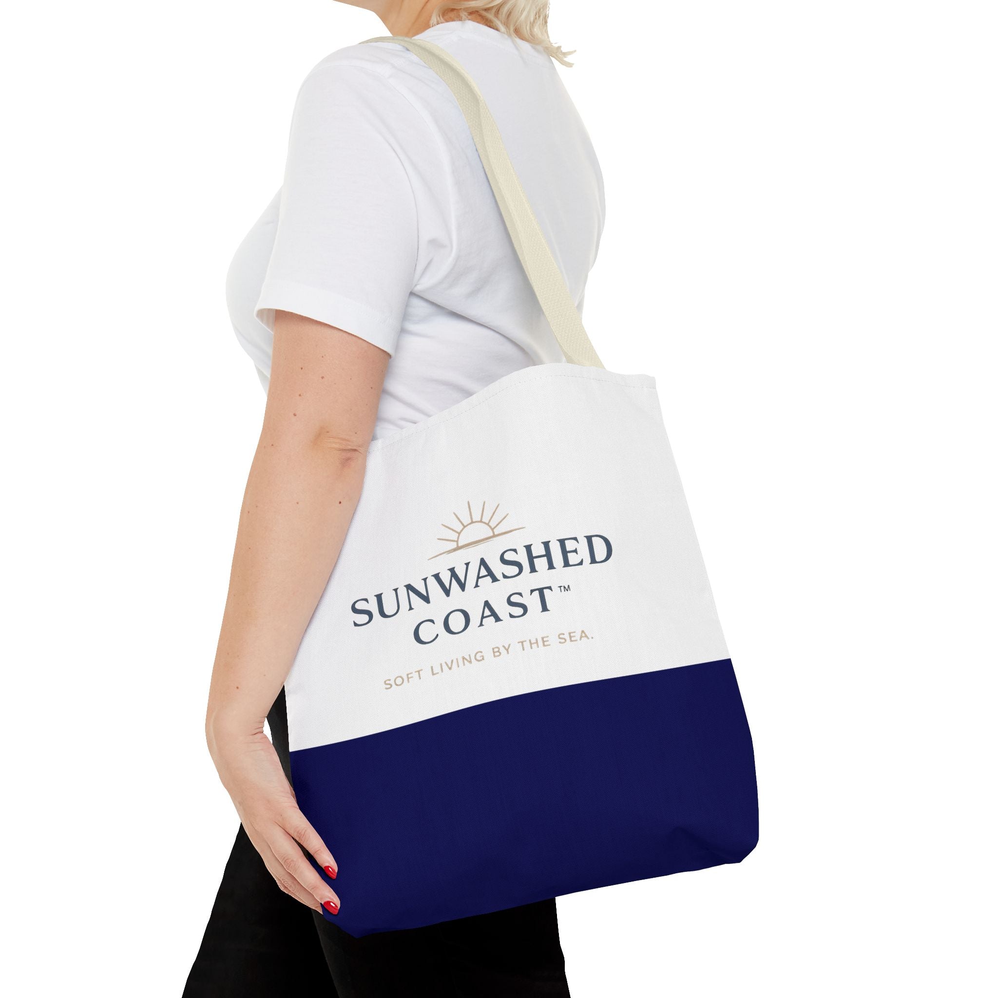 Sunwashed Coast Tote Bag — Coastal Canvas Beach Tote with 'Soft Living by the Sea' Logo - Creations by Chris and Carlos