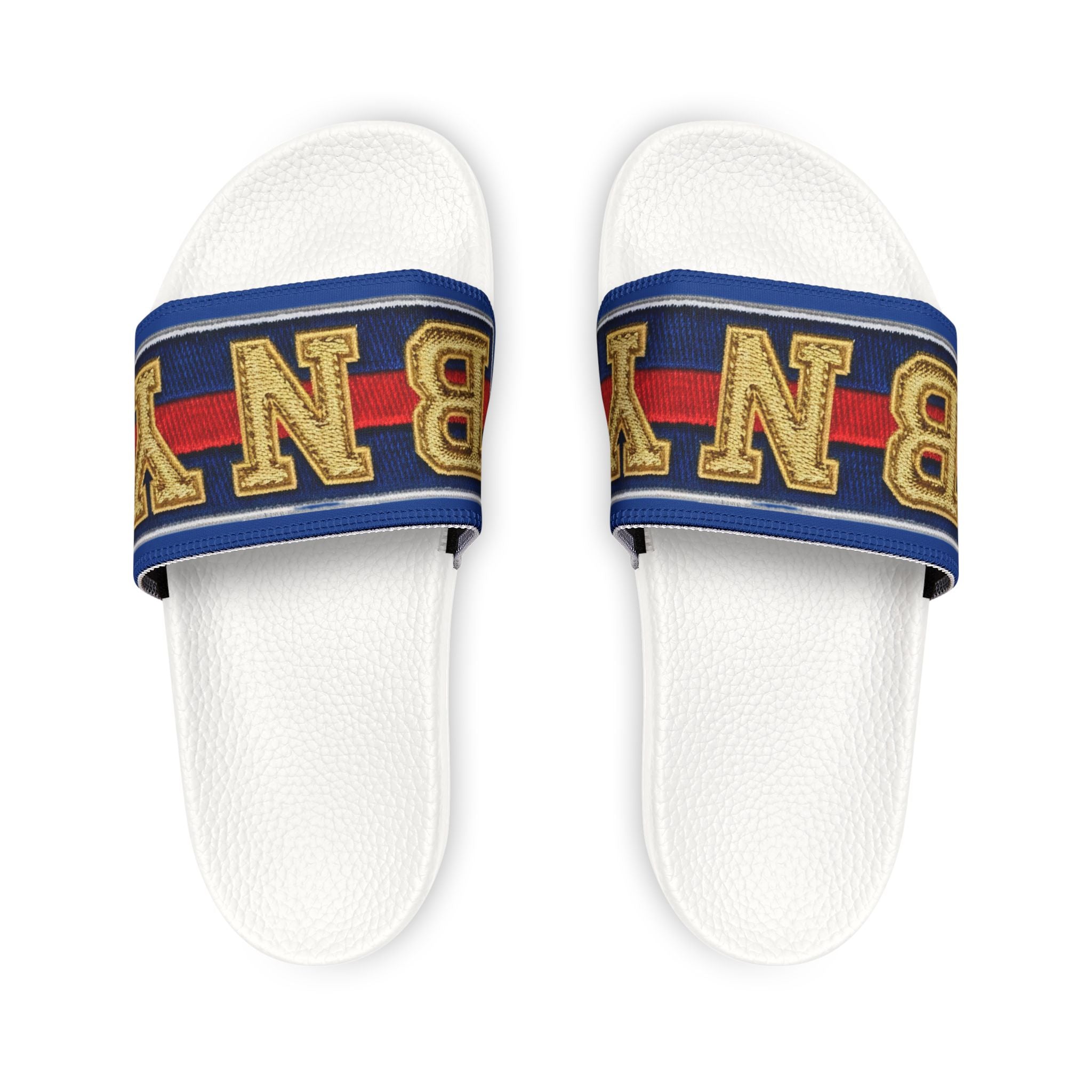 Men's Slide Sandals — BNY Bunny Inspired Retro Lettering Navy & Red Strap - Creations by Chris and Carlos