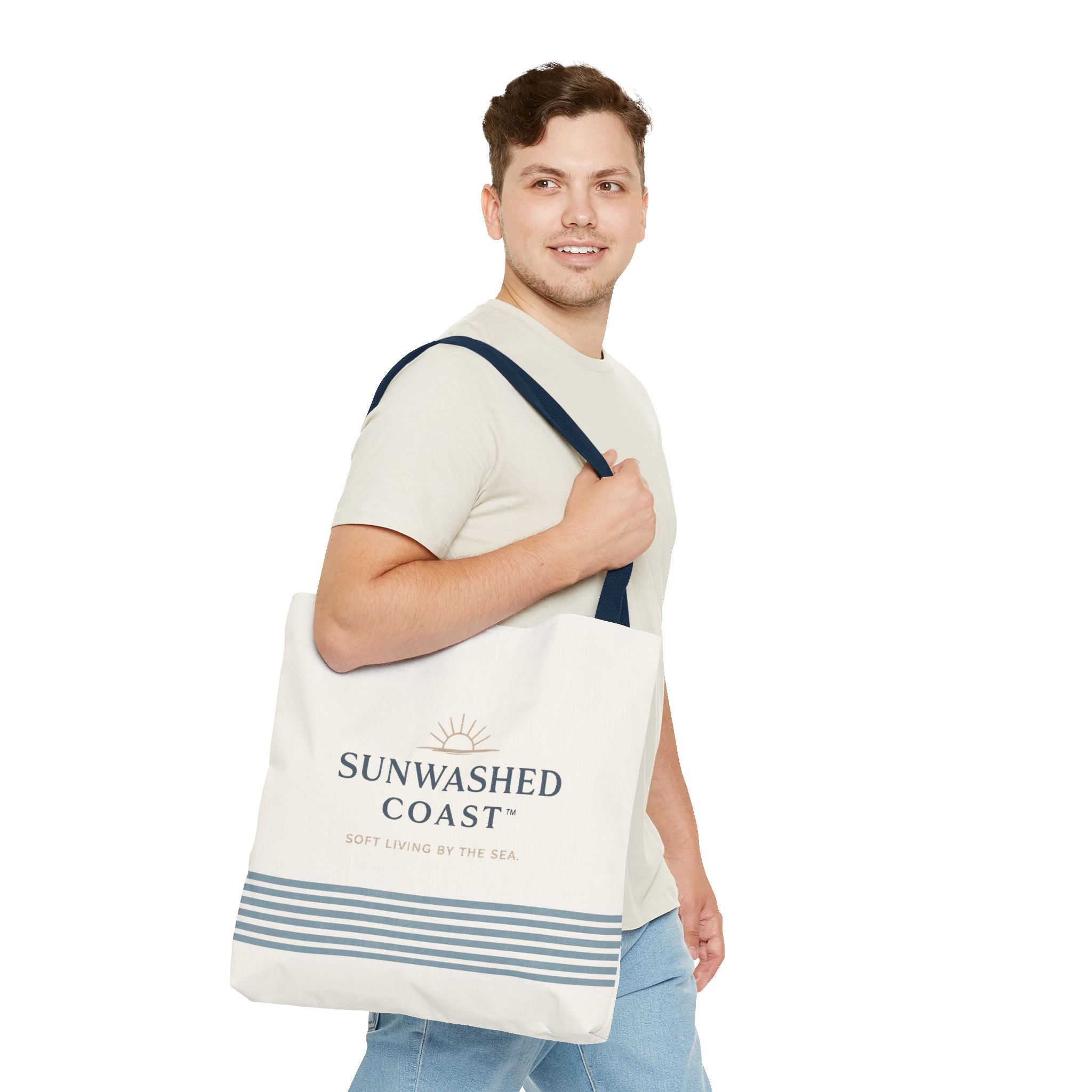 Sunwashed Coast Tote Bag – Coastal Striped Beach Canvas Tote (“Sunwashed Coast” Logo) - Creations by Chris and Carlos