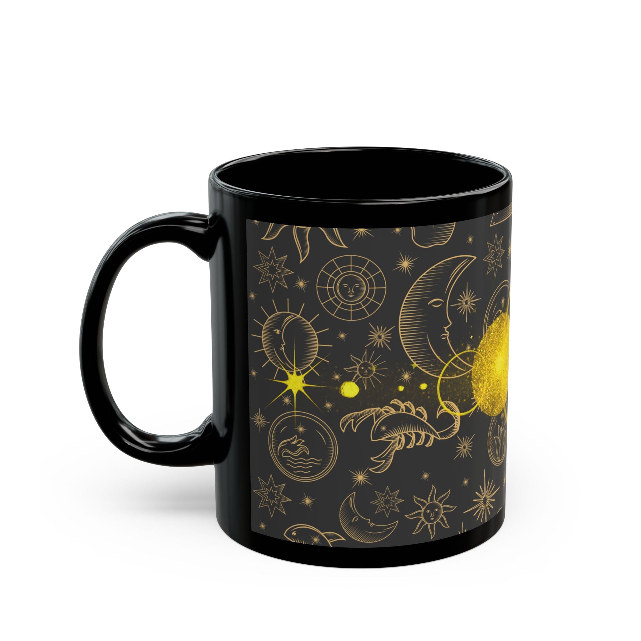Celestial Gold Moon Phase Mug — Astrological Starry Black Coffee Cup (11oz/15oz) - Creations by Chris and Carlos
