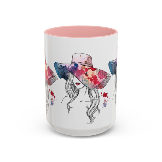 Watercolor Sun Hat Coffee Mug - Chic Fashion Illustration Accent Mug (11/15oz) - Creations by Chris and Carlos