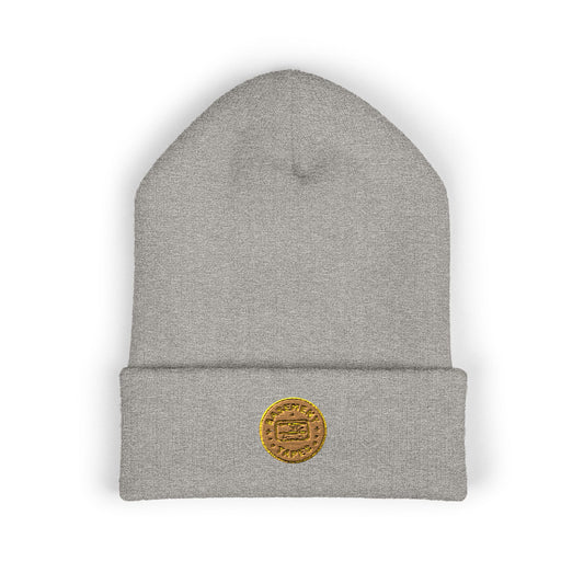 Embroidered Gold Coin Cuffed Beanie — Classic Knit Winter Hat - Creations by Chris and Carlos