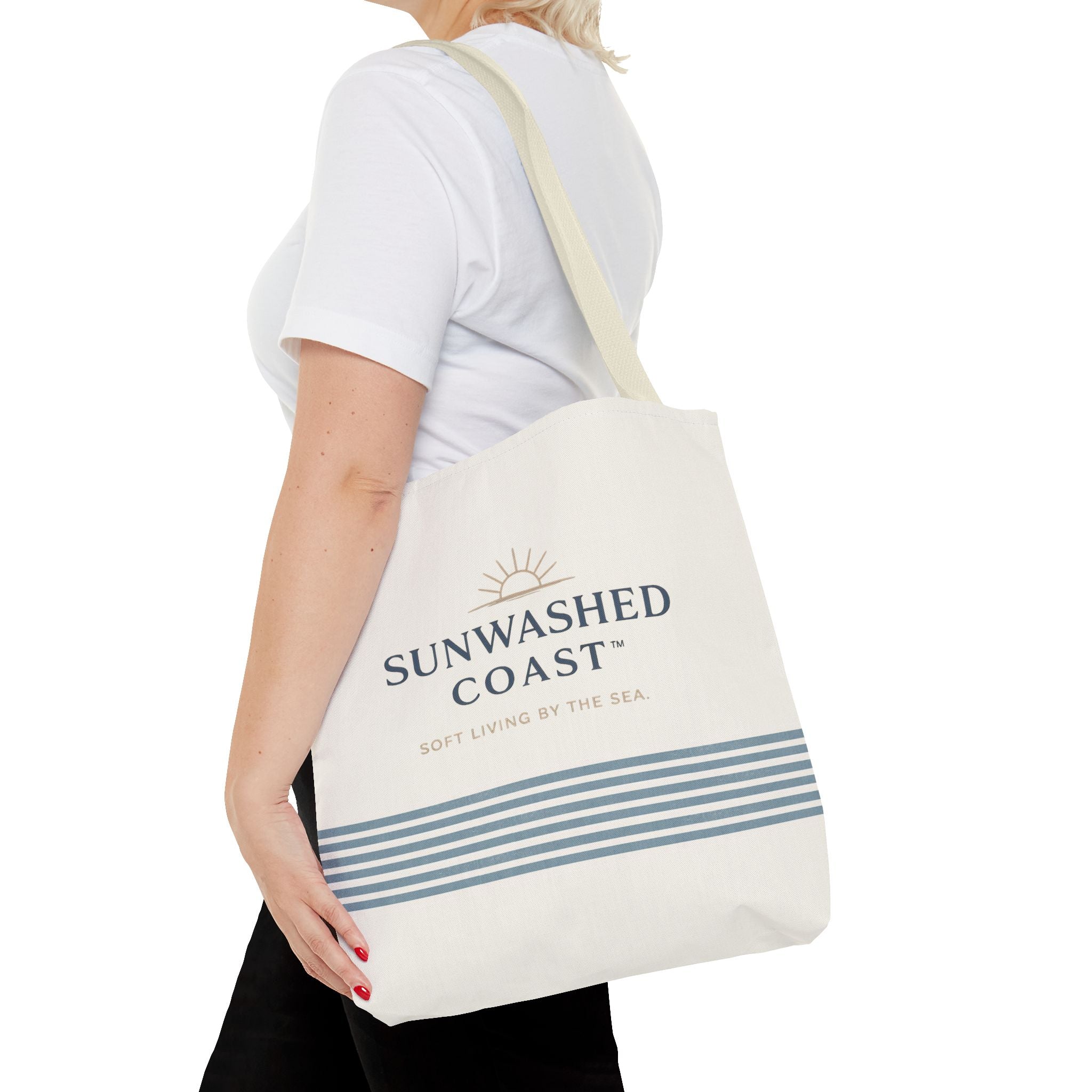 Sunwashed Coast Tote Bag – Coastal Striped Beach Canvas Tote (“Sunwashed Coast” Logo) - Creations by Chris and Carlos