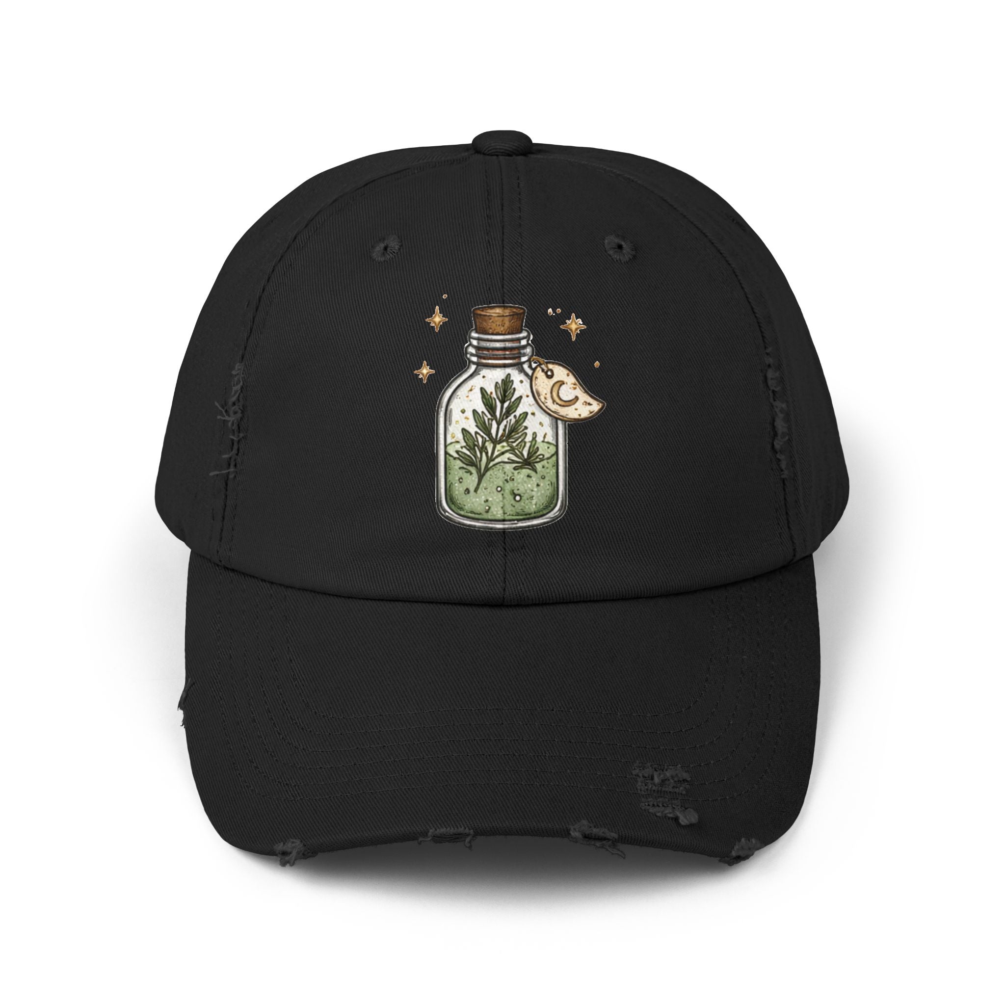 Old Soul Apothecary Distressed Black Cap with Botanical Potion Bottle & Moon Patch - Creations by Chris and Carlos