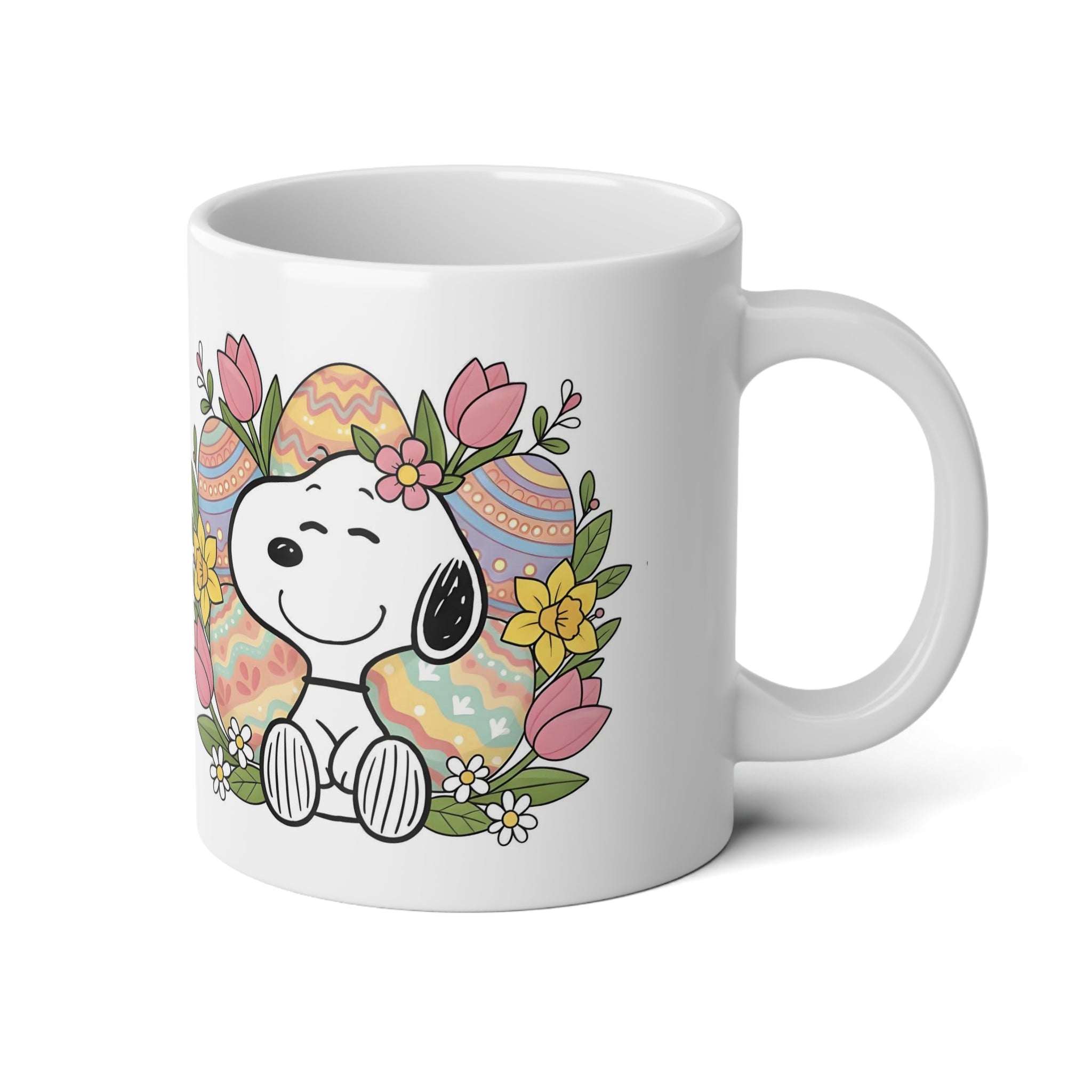 20oz Easter Jumbo Mug — Cute Snoopy-Style Dog with Floral & Painted Egg Design - Creations by Chris and Carlos