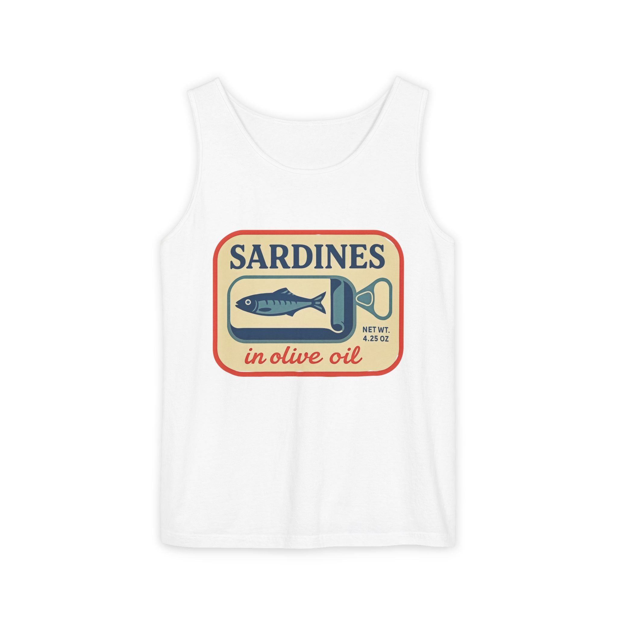Sardines in Olive Oil Tank Top — Retro Seafood Can Graphic - Creations by Chris and Carlos