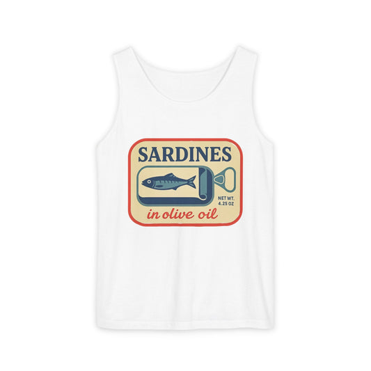 Sardines in Olive Oil Tank Top — Retro Seafood Can Graphic - Creations by Chris and Carlos