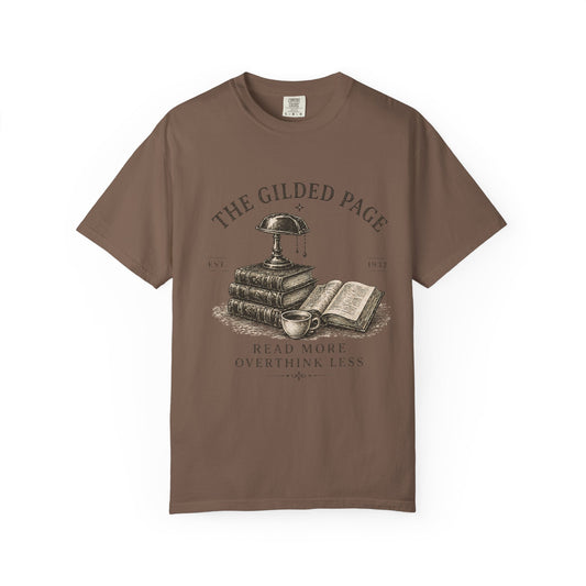 Vintage Book Lovers T‑Shirt — “The Gilded Page: Read More, Overthink Less” - Creations by Chris and Carlos