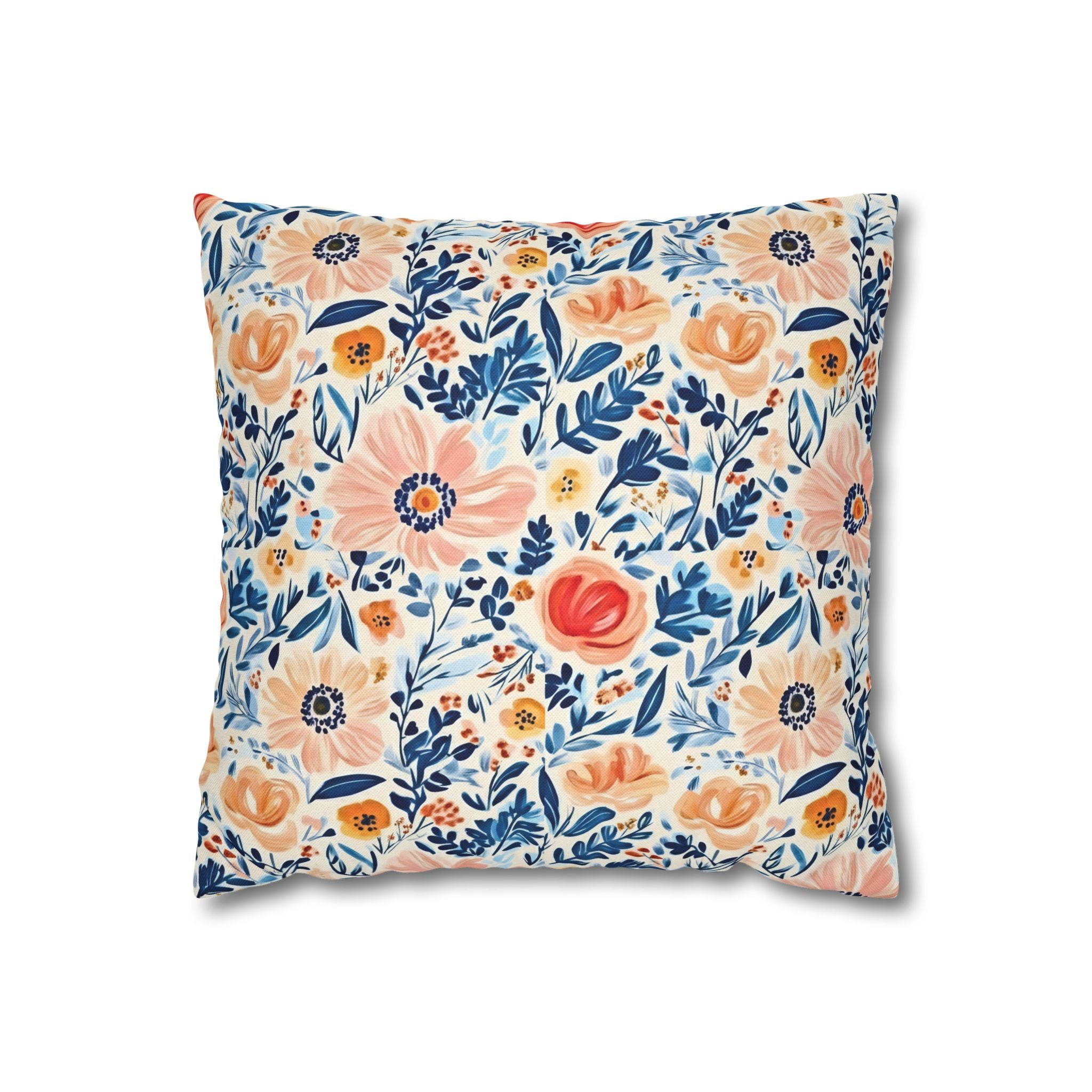 The Artisanal Flora Gallery Floral Watercolor Throw Pillow Cover — Peach & Navy Garden Pattern - Creations by Chris and Carlos