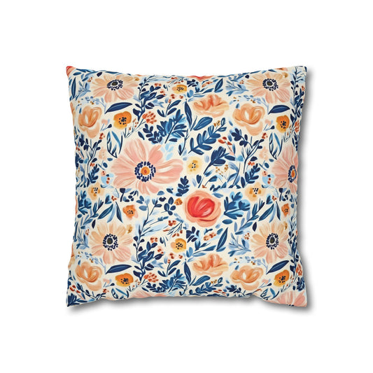 The Artisanal Flora Gallery Floral Watercolor Throw Pillow Cover — Peach & Navy Garden Pattern - Creations by Chris and Carlos