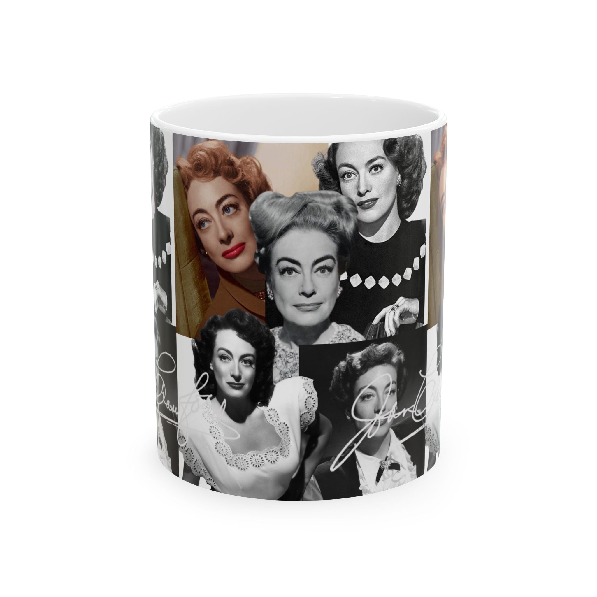 Retro Hollywood Actress Joan Crawford Collage Mug — Vintage Glamour Ceramic Coffee Cup (11oz/15oz) - Creations by Chris and Carlos