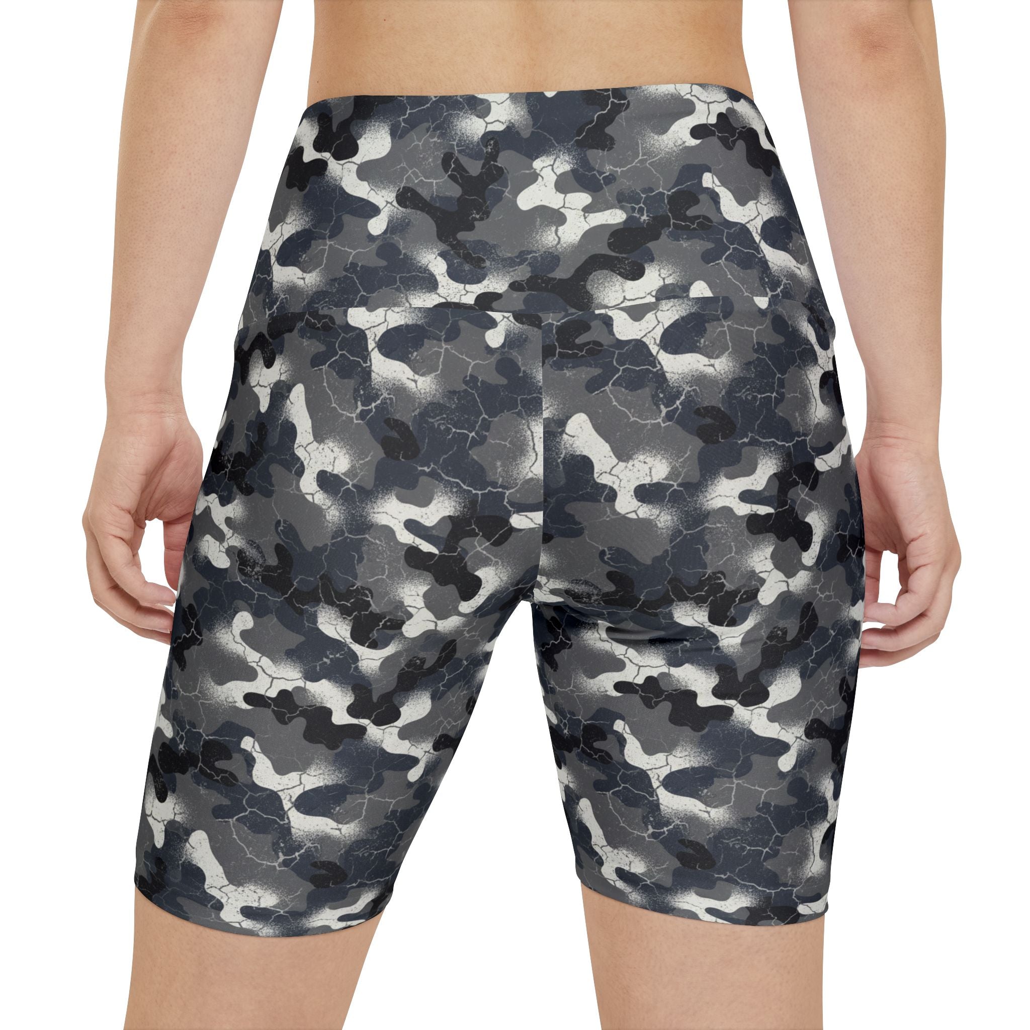 Women's Camo Workout Shorts — Grey Black All-Over Print Activewear - Creations by Chris and Carlos