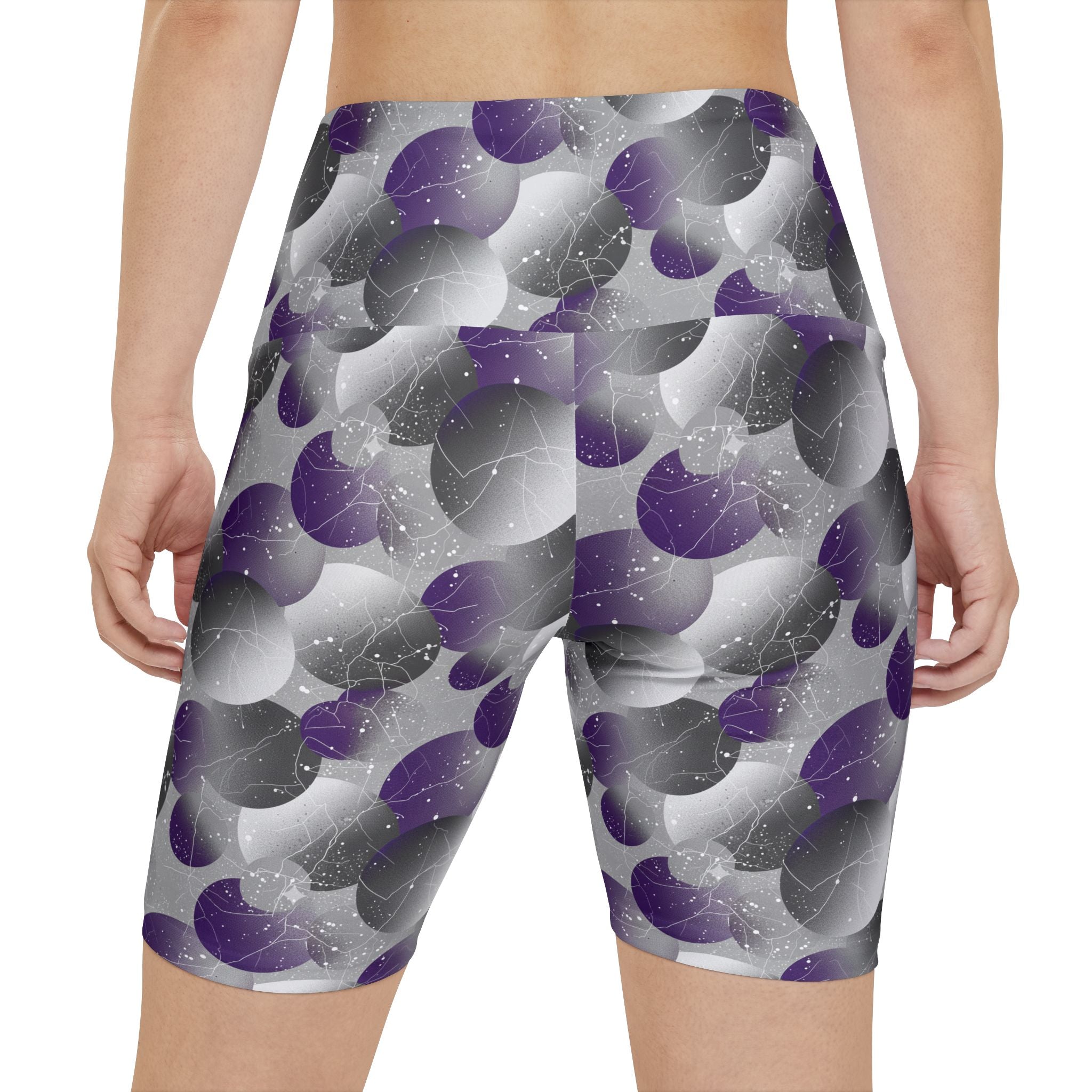 Gray/Purple Bubble Print Women's Workout Shorts — High-Waist Activewear Bike Shorts - Creations by Chris and Carlos