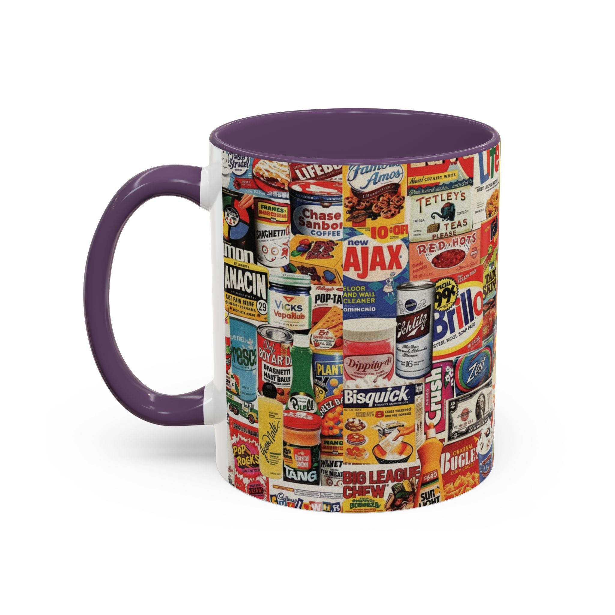 Vintage Retro Ads Coffee Mug — Collage of Classic Brand Labels (11/15oz Accent Mug) - Creations by Chris and Carlos
