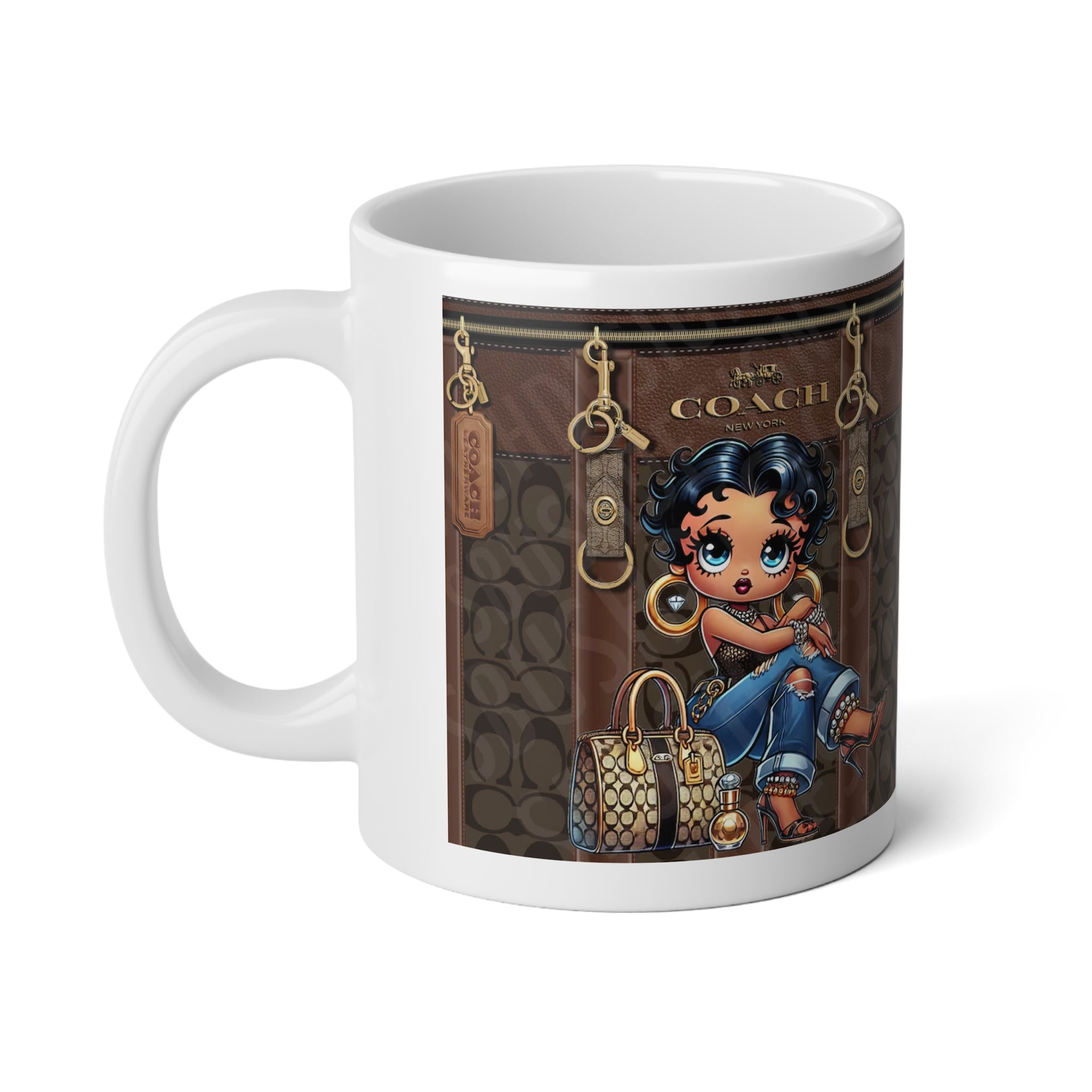 Brown Coach Designer-Inspired Jumbo Mug (20oz) with Cute Retro Betty PoopGirl & Handbag Pattern - Creations by Chris and Carlos