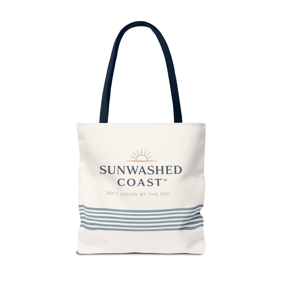Sunwashed Coast Tote Bag – Coastal Striped Beach Canvas Tote (“Sunwashed Coast” Logo)