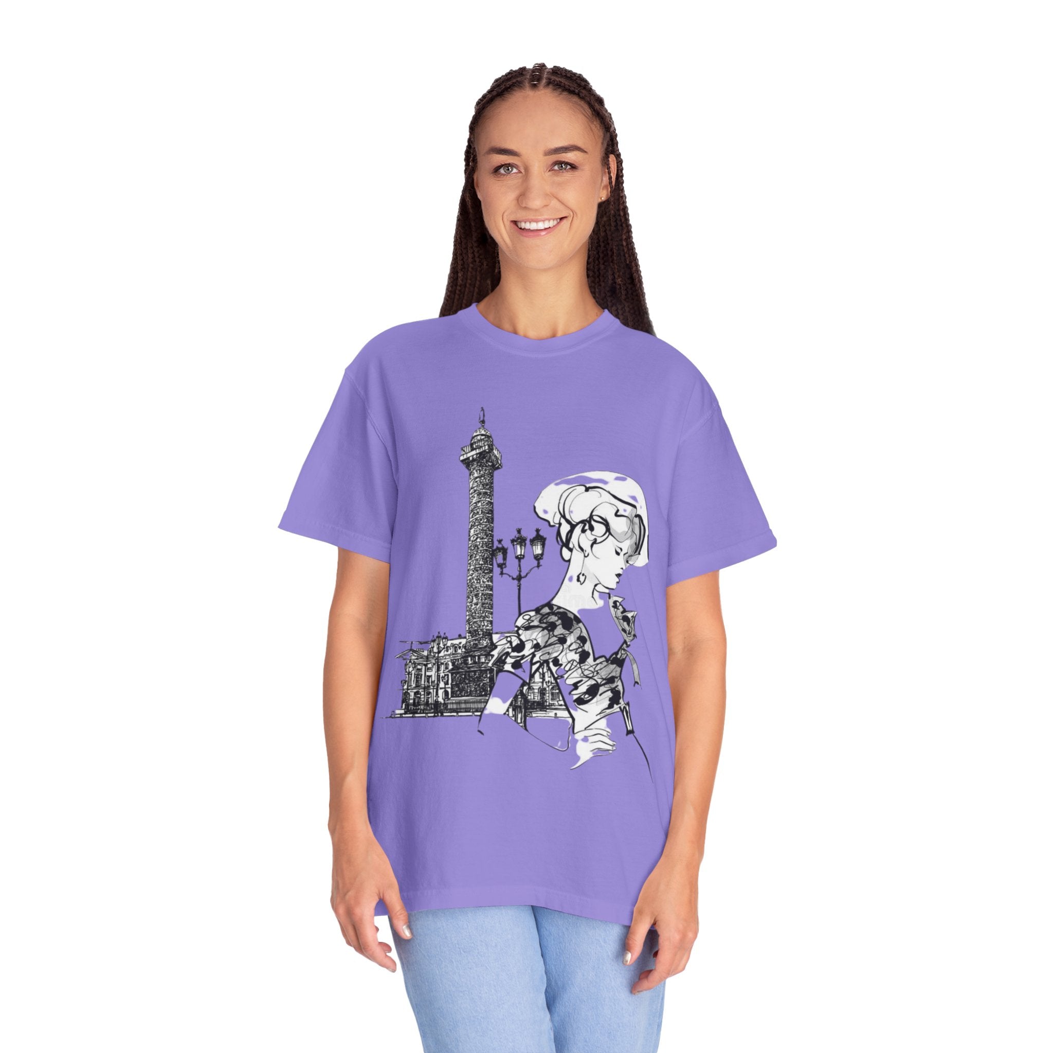 Parisian Vintage Illustration T-Shirt — Eiffel Tower & Chic Lady Tee - Creations by Chris and Carlos