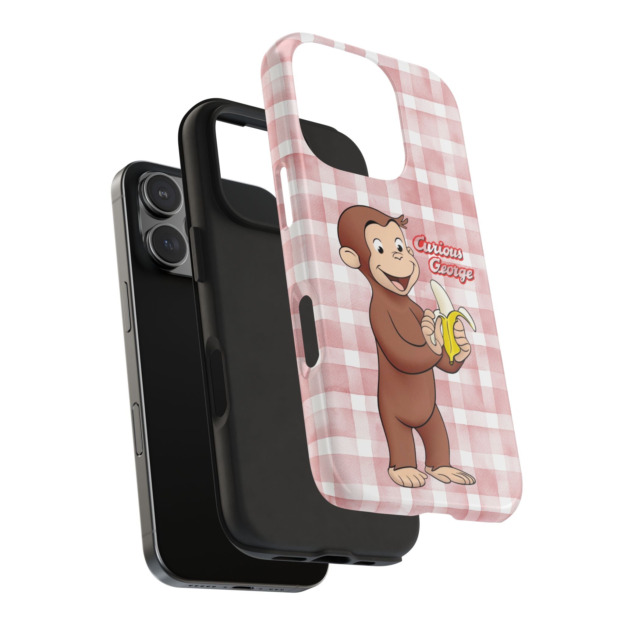 Curious George Banana Tough Phone Case — Cute Kids iPhone Cover, Pink Gingham Protective Case - Creations by Chris and Carlos