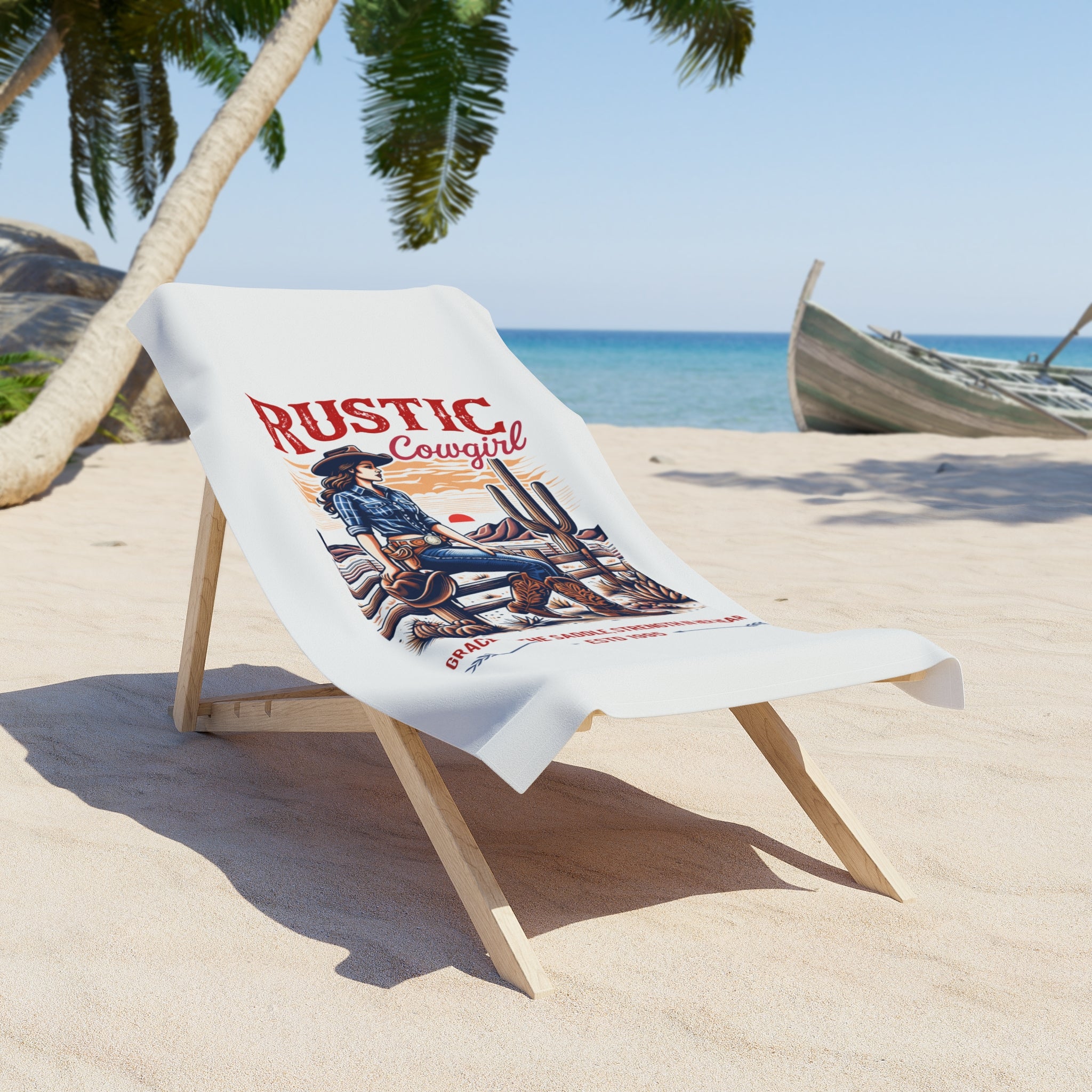 Rustic Cowgirl Beach Towel — Vintage Western Cowgirl Graphic - Creations by Chris and Carlos