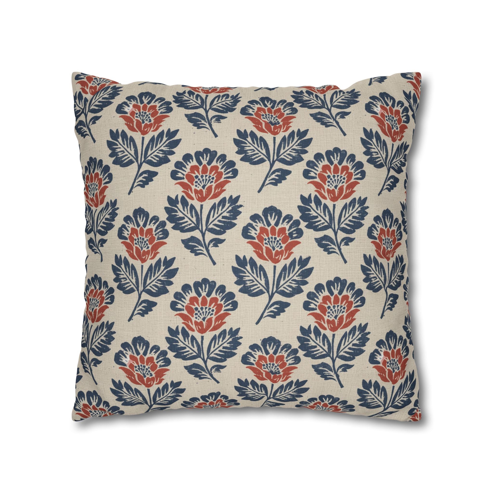 Plumstead Manor Floral Block Print Decorative Pillowcase — Navy & Terracotta Garden Pattern - Creations by Chris and Carlos