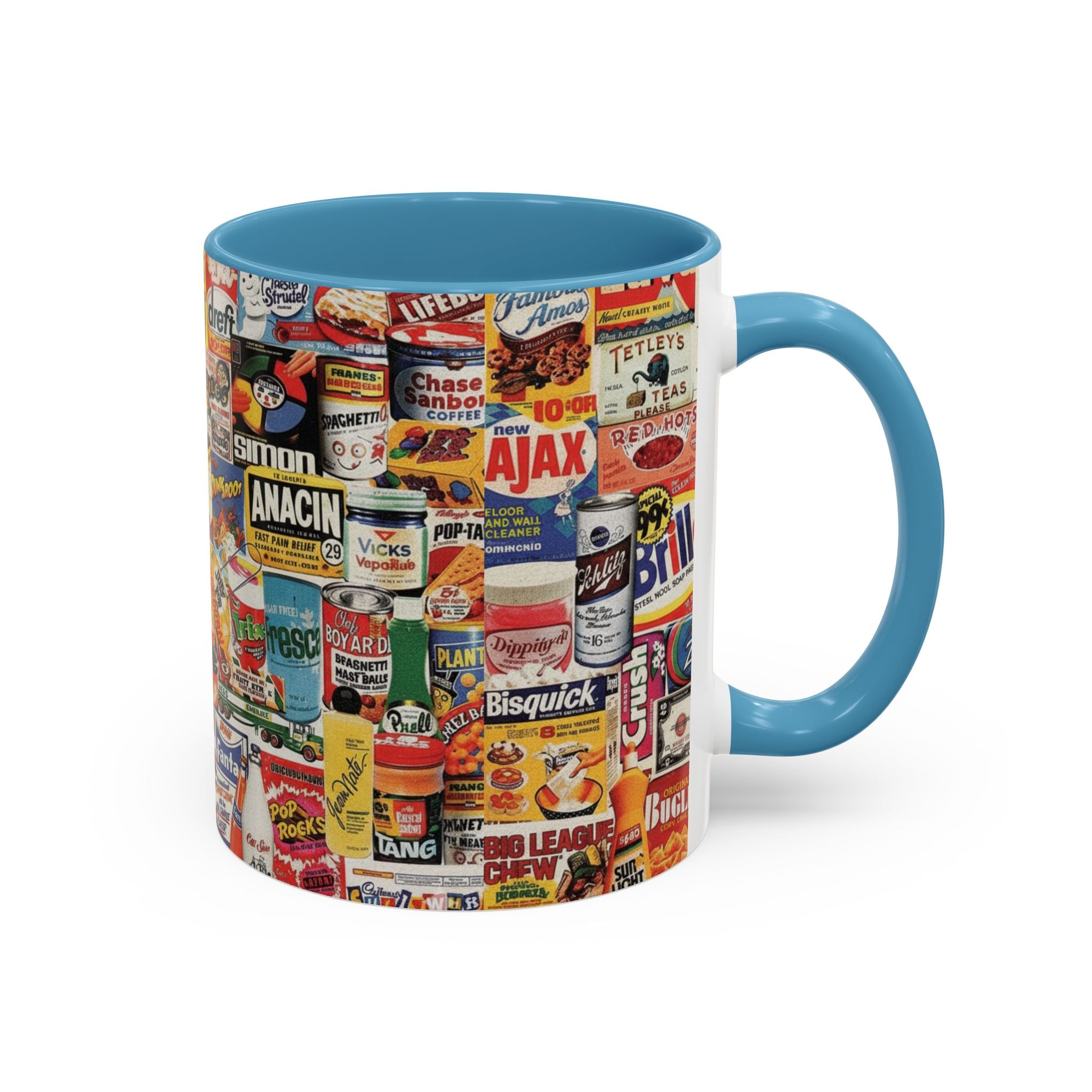 Vintage Retro Ads Coffee Mug — Collage of Classic Brand Labels (11/15oz Accent Mug) - Creations by Chris and Carlos