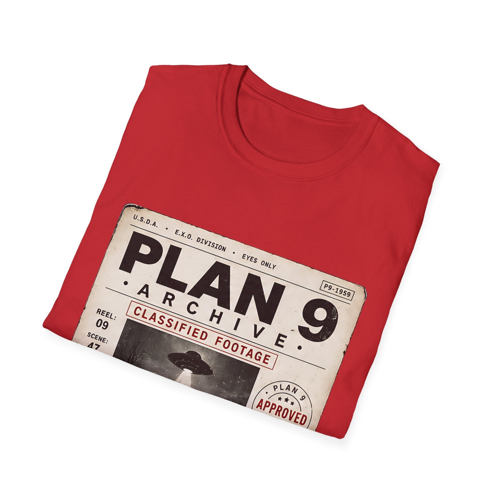 Plan 9 Archive UFO T-Shirt — Retro 'Classified Footage' Alien Badge Tee - Creations by Chris and Carlos