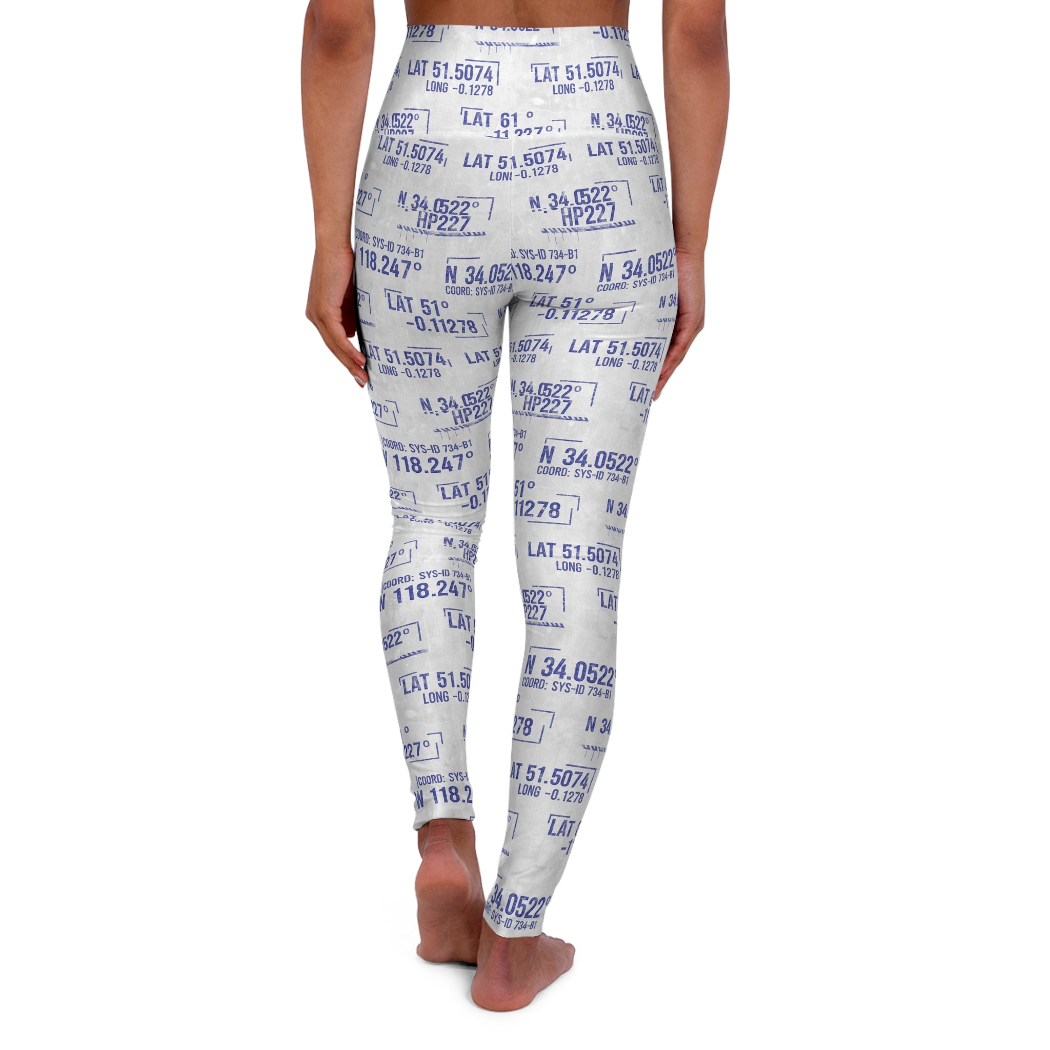 Latitude Longitude Pattern High-Waist Yoga Leggings — Navy Coordinates Fitness Print - Creations by Chris and Carlos