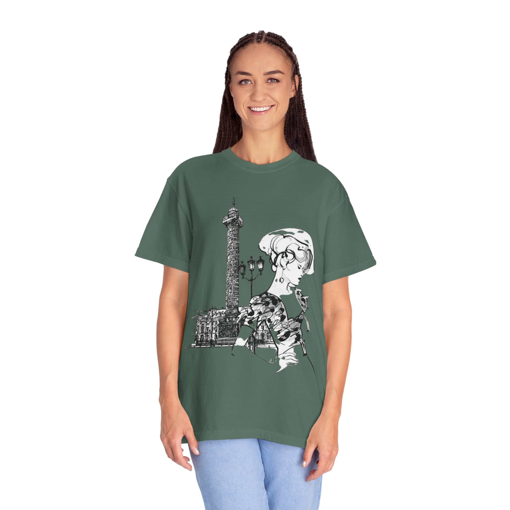 Parisian Vintage Illustration T-Shirt — Eiffel Tower & Chic Lady Tee - Creations by Chris and Carlos