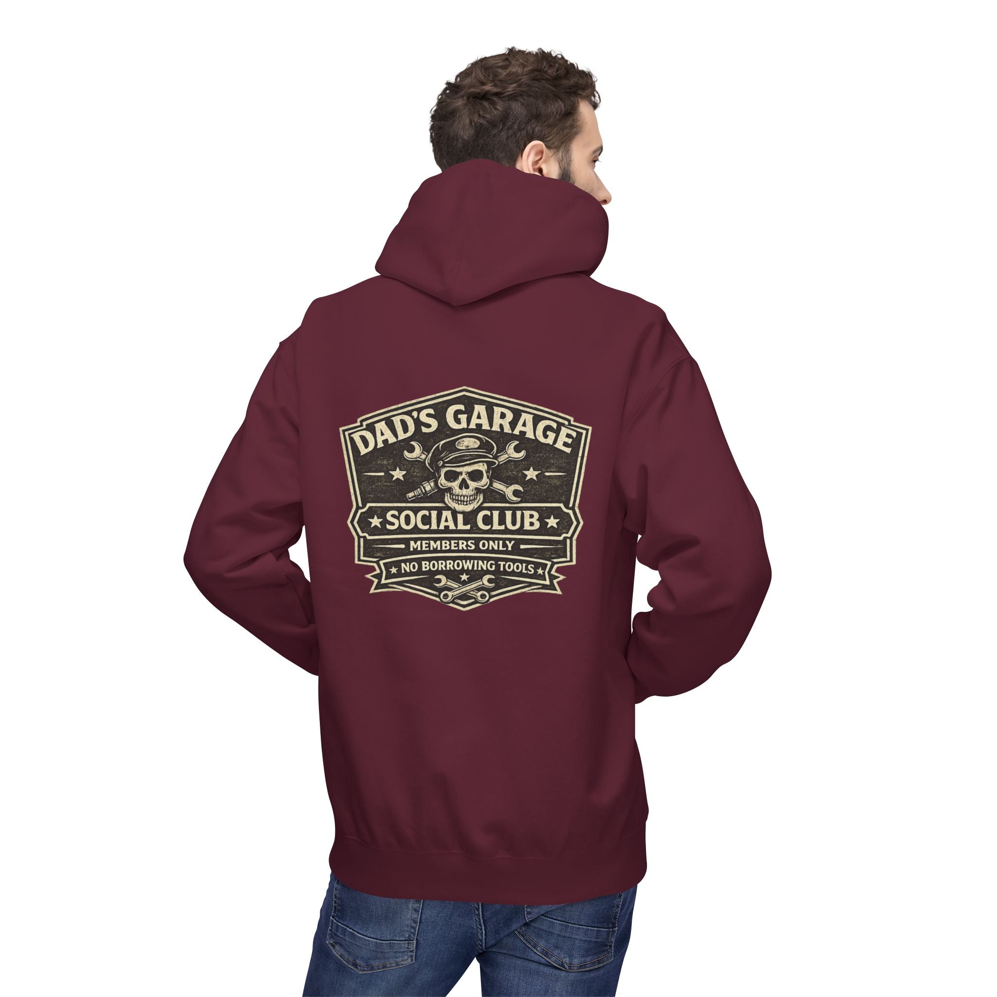Dad’s Garage Social Club Hoodie — 'No Borrowing Tools' Mechanics Pullover - Creations by Chris and Carlos