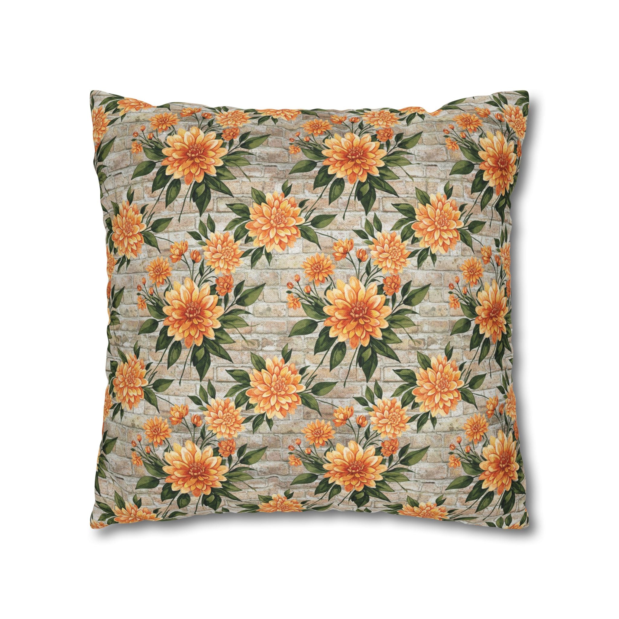 The Artisanal Flora Gallery Floral Sunburst Square Pillowcase — Orange Dahlia Botanical Throw Pillow Cover - Creations by Chris and Carlos