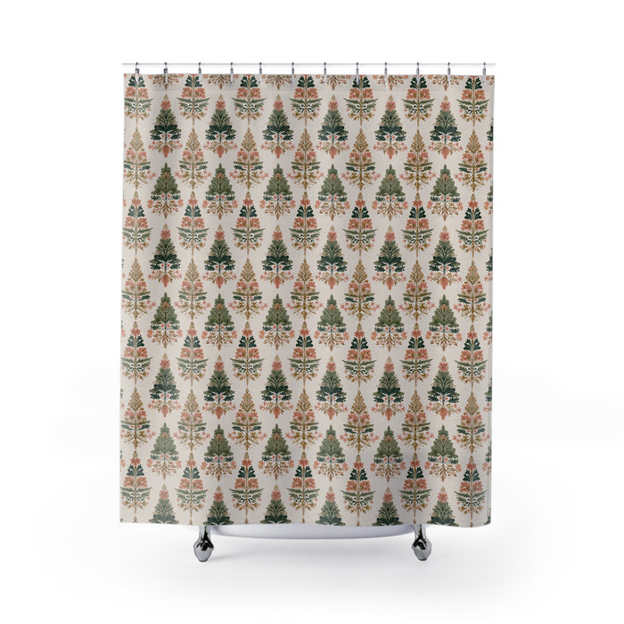Yuletide Wonder- Boho Floral Shower Curtain, Vintage Botanical Decor, Eco-Friendly Bath Curtain, Cozy Home Gift, Holiday Bathroom Accent
