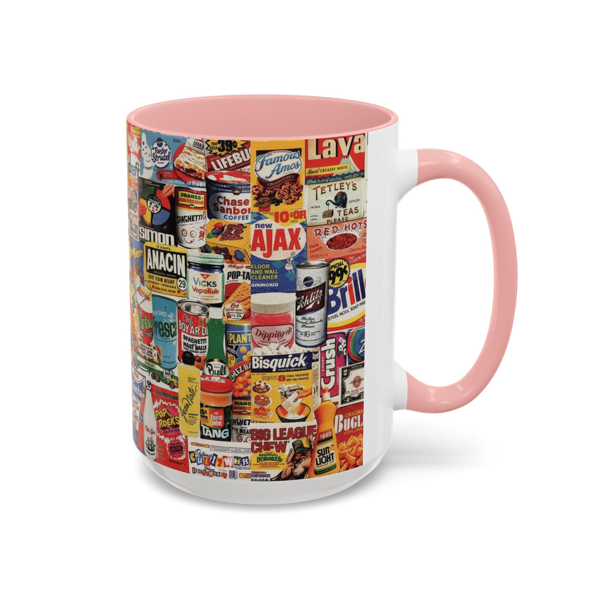 Vintage Retro Ads Coffee Mug — Collage of Classic Brand Labels (11/15oz Accent Mug) - Creations by Chris and Carlos
