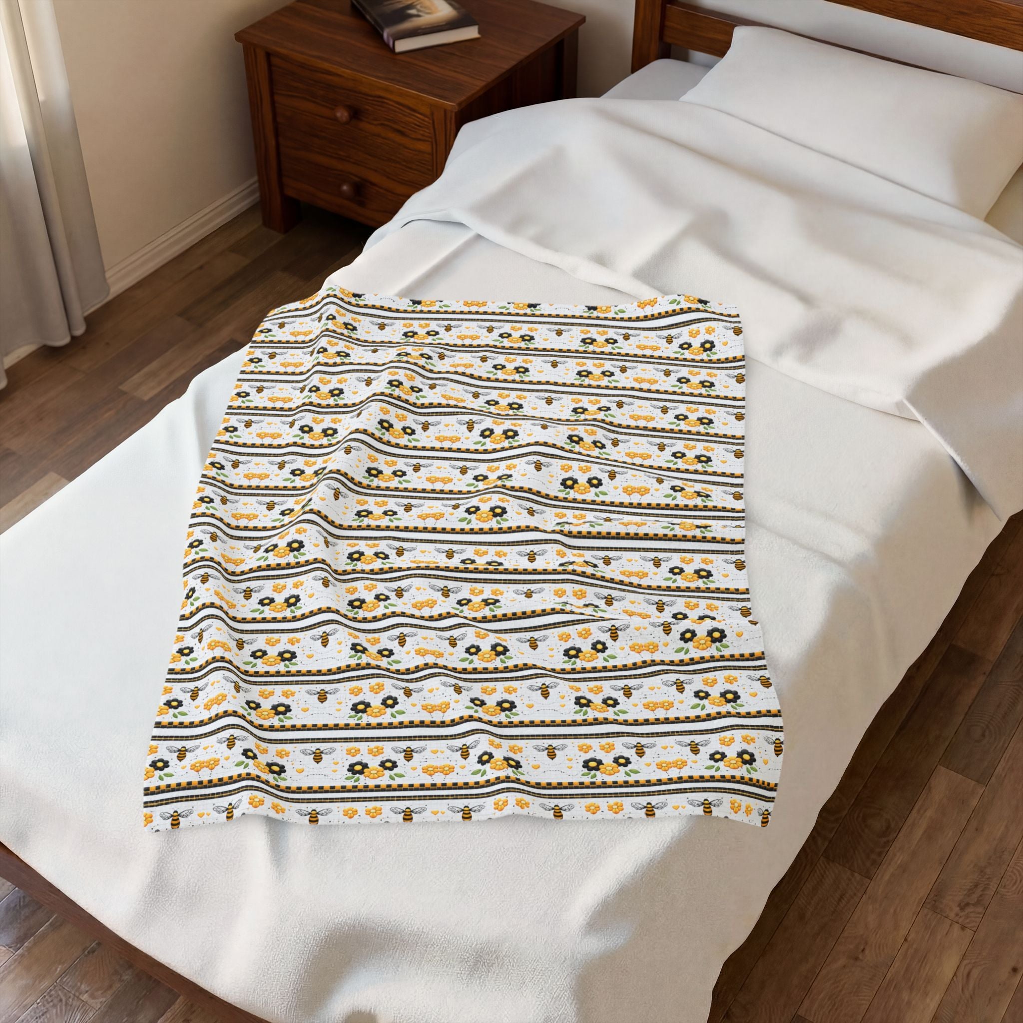 Bee & Sunflower Velveteen Plush Blanket — Cozy Floral Throw for Spring, Garden Lovers & Gift Giving - Creations by Chris and Carlos
