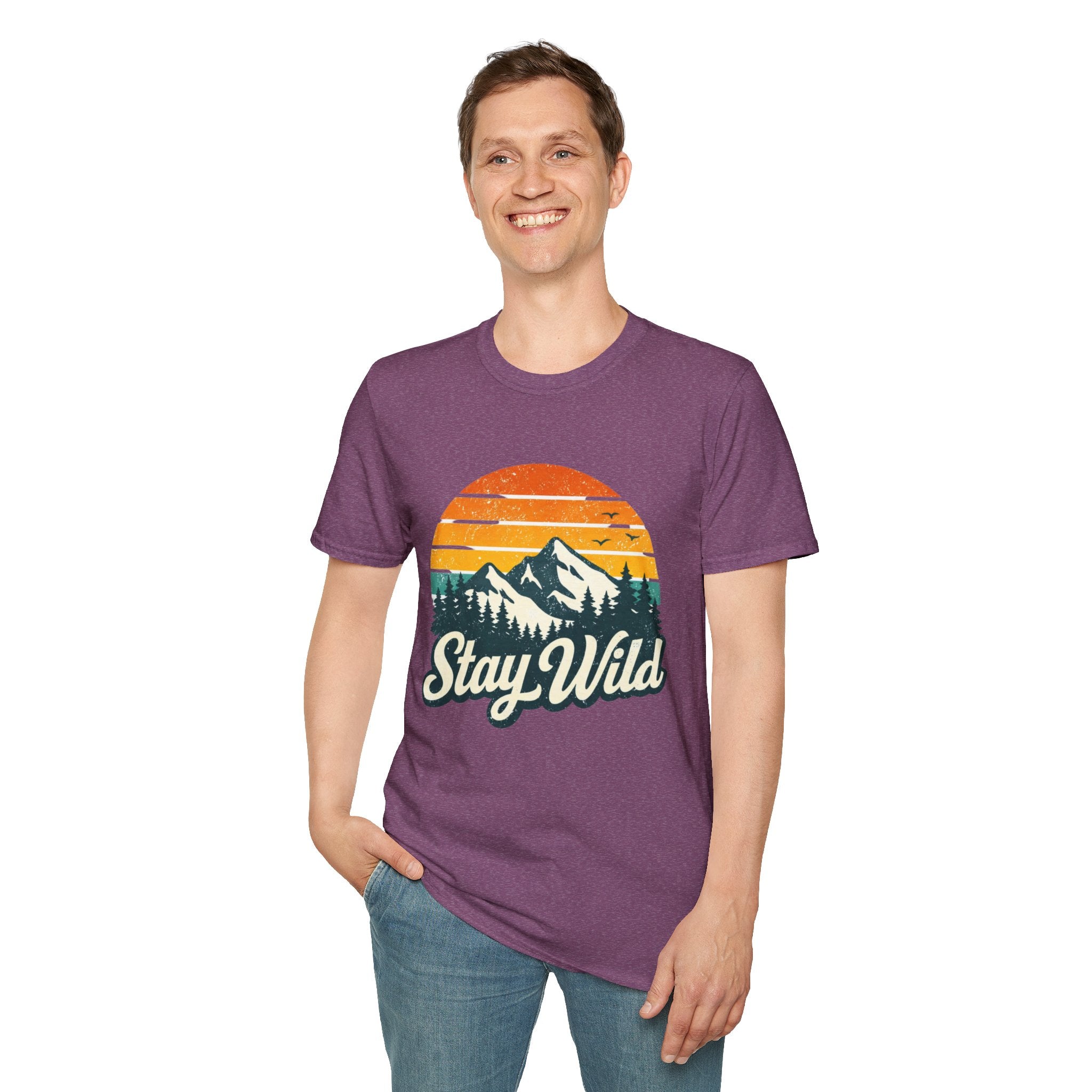 Stay Wild Mountain T-Shirt — Vintage Sunset Outdoor Adventure Tee - Creations by Chris and Carlos