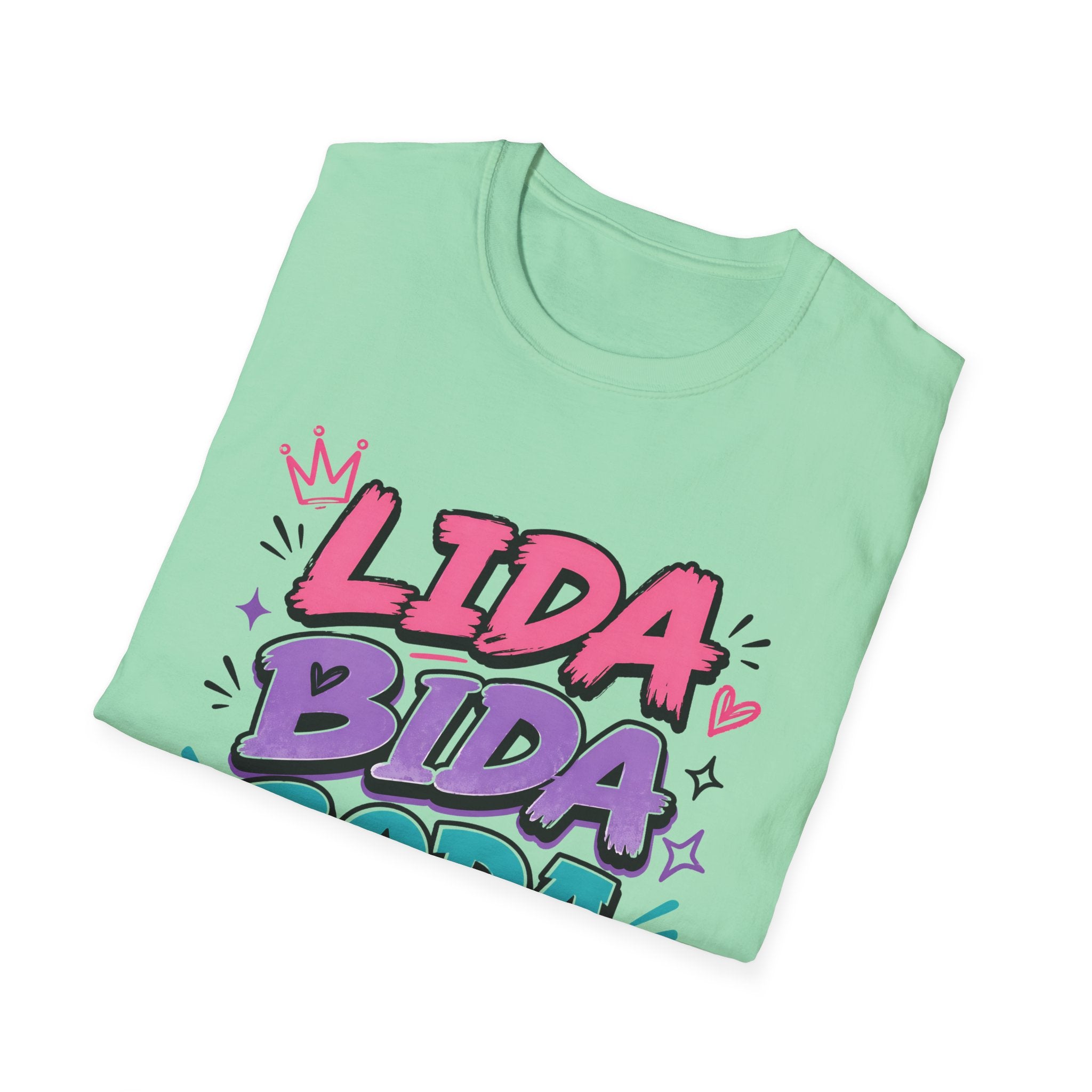 Lida Bida Boda Butt Graphic T-Shirt — TIK TOK FAMOUS Colorful Retro Bubble Letter Tee - Creations by Chris and Carlos